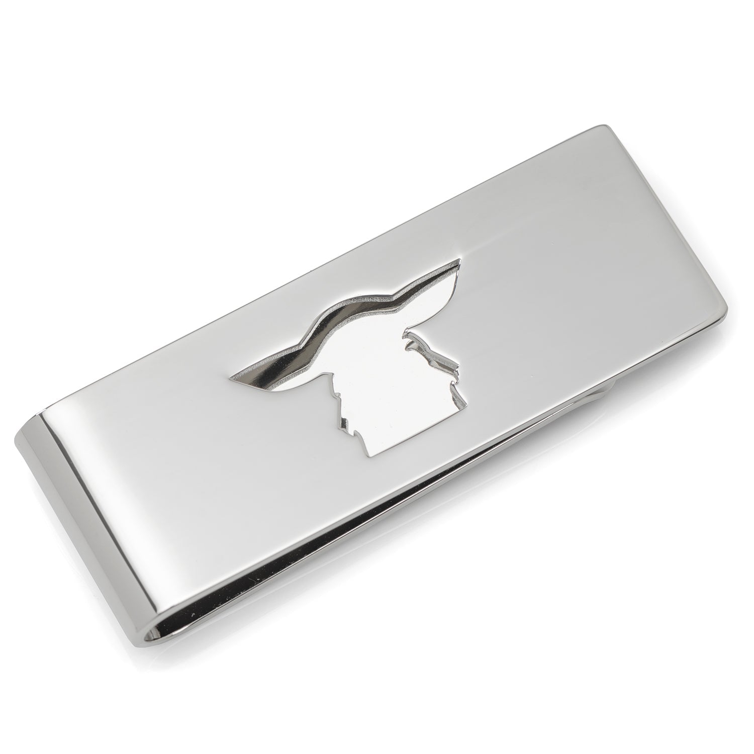 The Cufflinks.com Star Wars Grogu Cutout Money Clip showcases a silver silhouette design of Grogu, styled in his iconic wide-brimmed hat, against a white background.