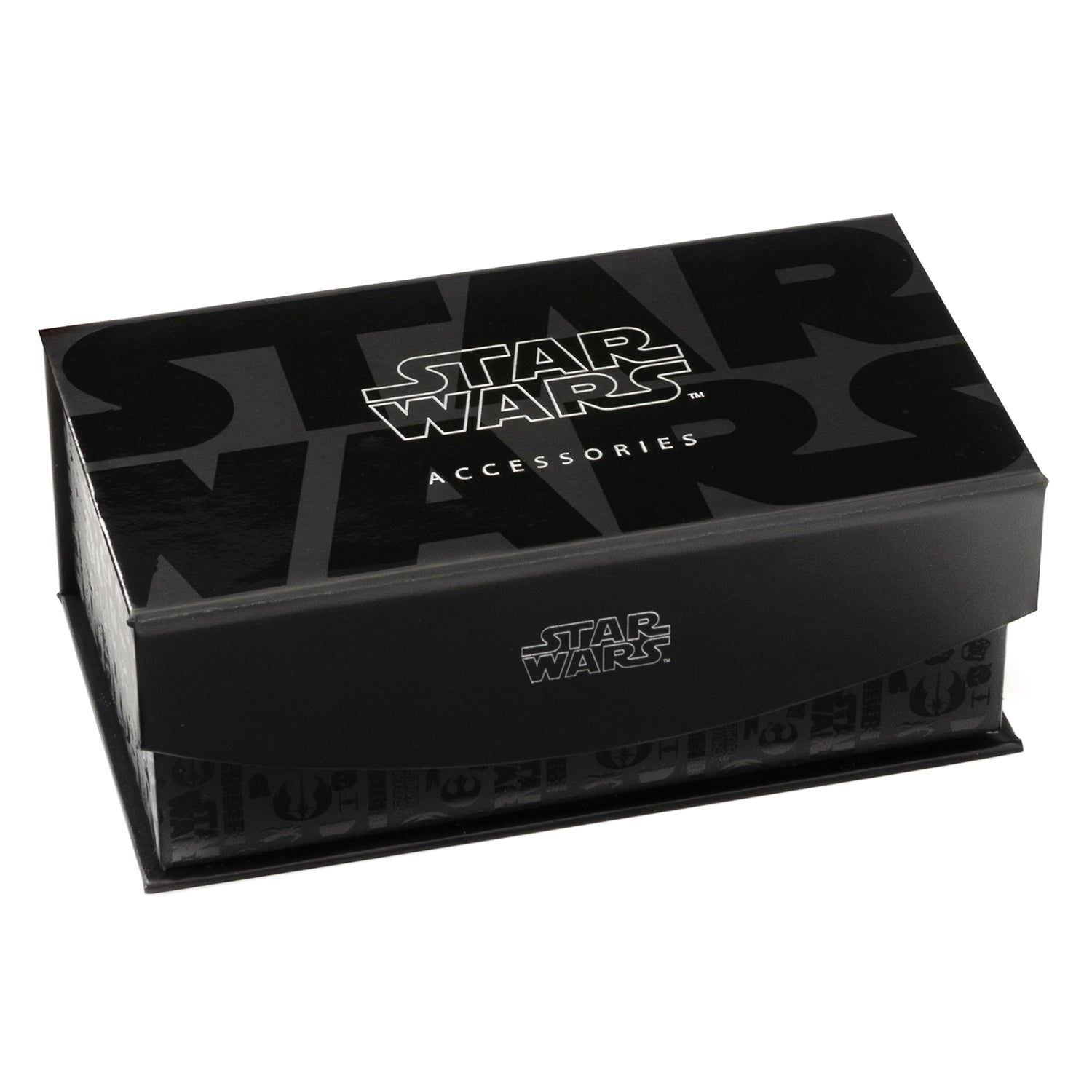 The Star Wars Darth Vader 3D Cufflinks and Tie Bar Gift Set from Cufflinks.com features matte black accessories with helmeted mask designs—ideal for any fan. Shown on a white background.