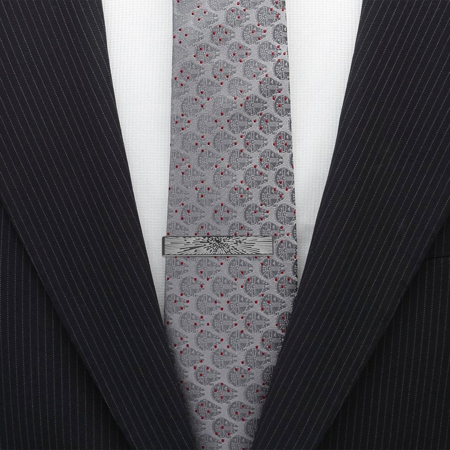 A black metal money clip with a silver geometric burst design, ideal for pairing with the Cufflinks.com Star Wars Hyperspace Glow-in-the-Dark Tie Bar.