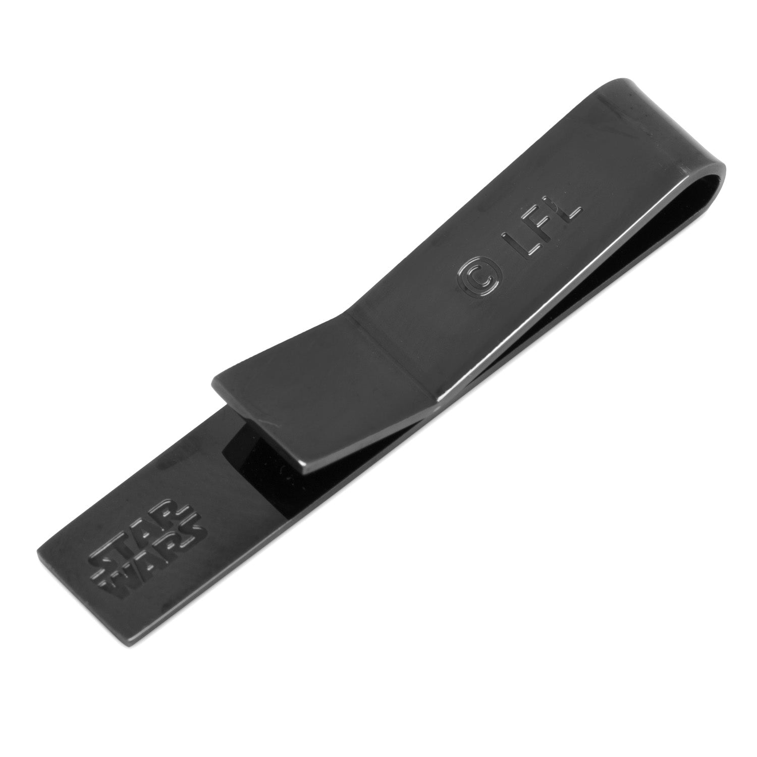 A black metal money clip with a silver geometric burst design, ideal for pairing with the Cufflinks.com Star Wars Hyperspace Glow-in-the-Dark Tie Bar.