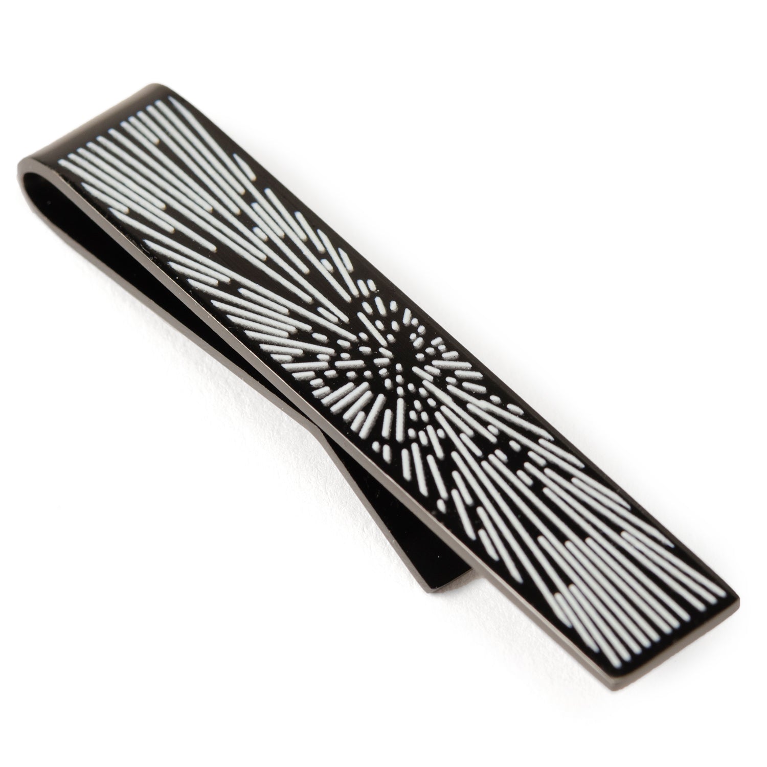A black metal money clip with a silver geometric burst design, ideal for pairing with the Cufflinks.com Star Wars Hyperspace Glow-in-the-Dark Tie Bar.