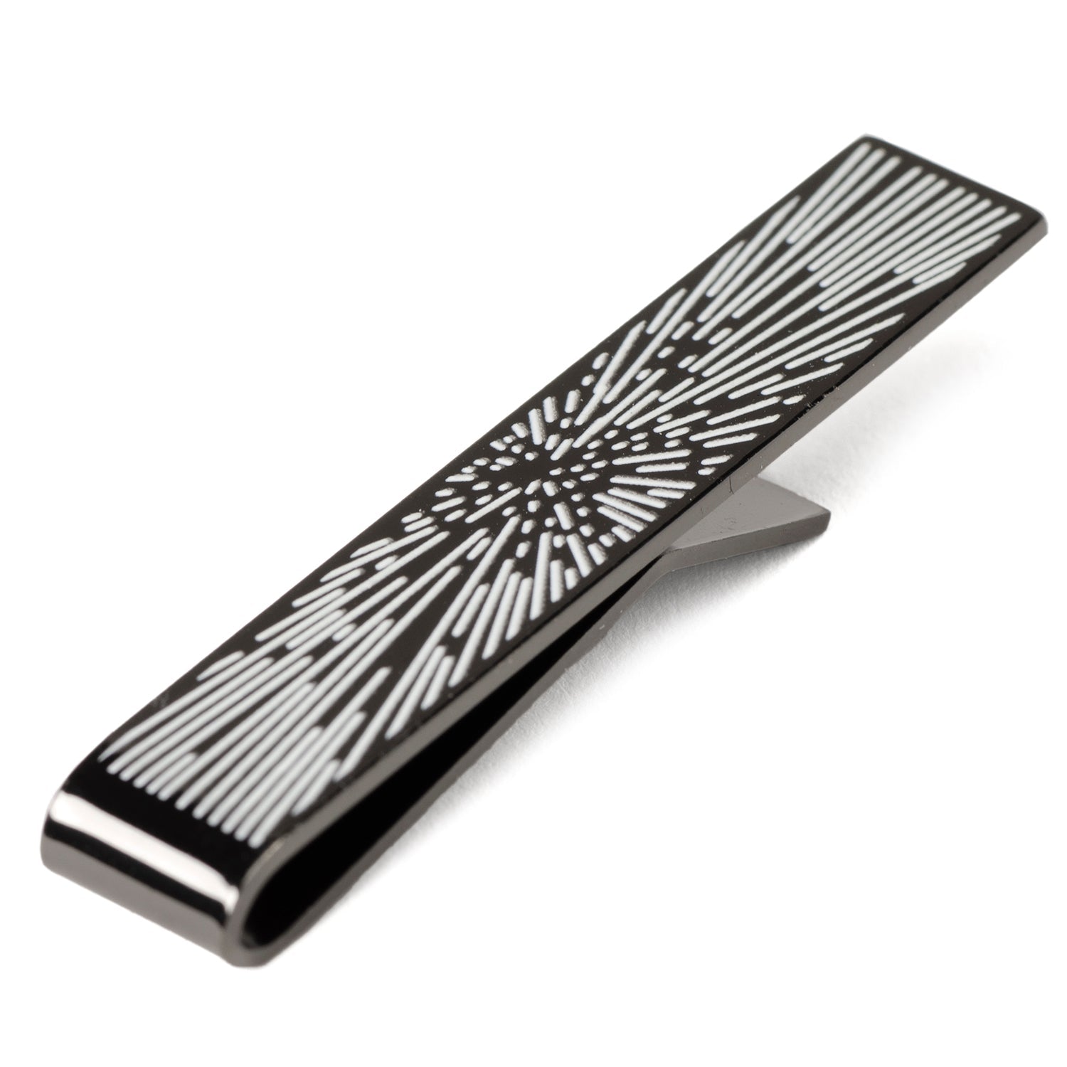 A black metal money clip with a silver geometric burst design, ideal for pairing with the Cufflinks.com Star Wars Hyperspace Glow-in-the-Dark Tie Bar.