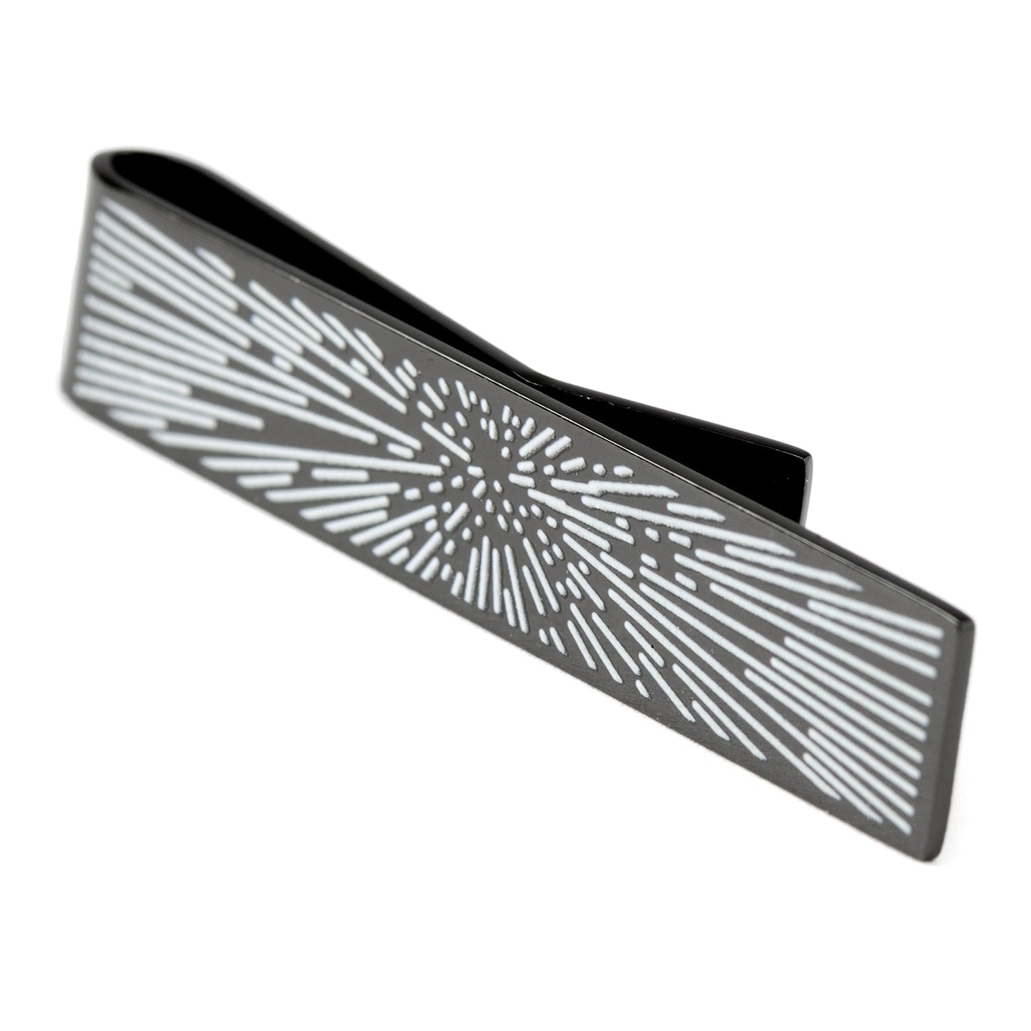 A black metal money clip with a silver geometric burst design, ideal for pairing with the Cufflinks.com Star Wars Hyperspace Glow-in-the-Dark Tie Bar.