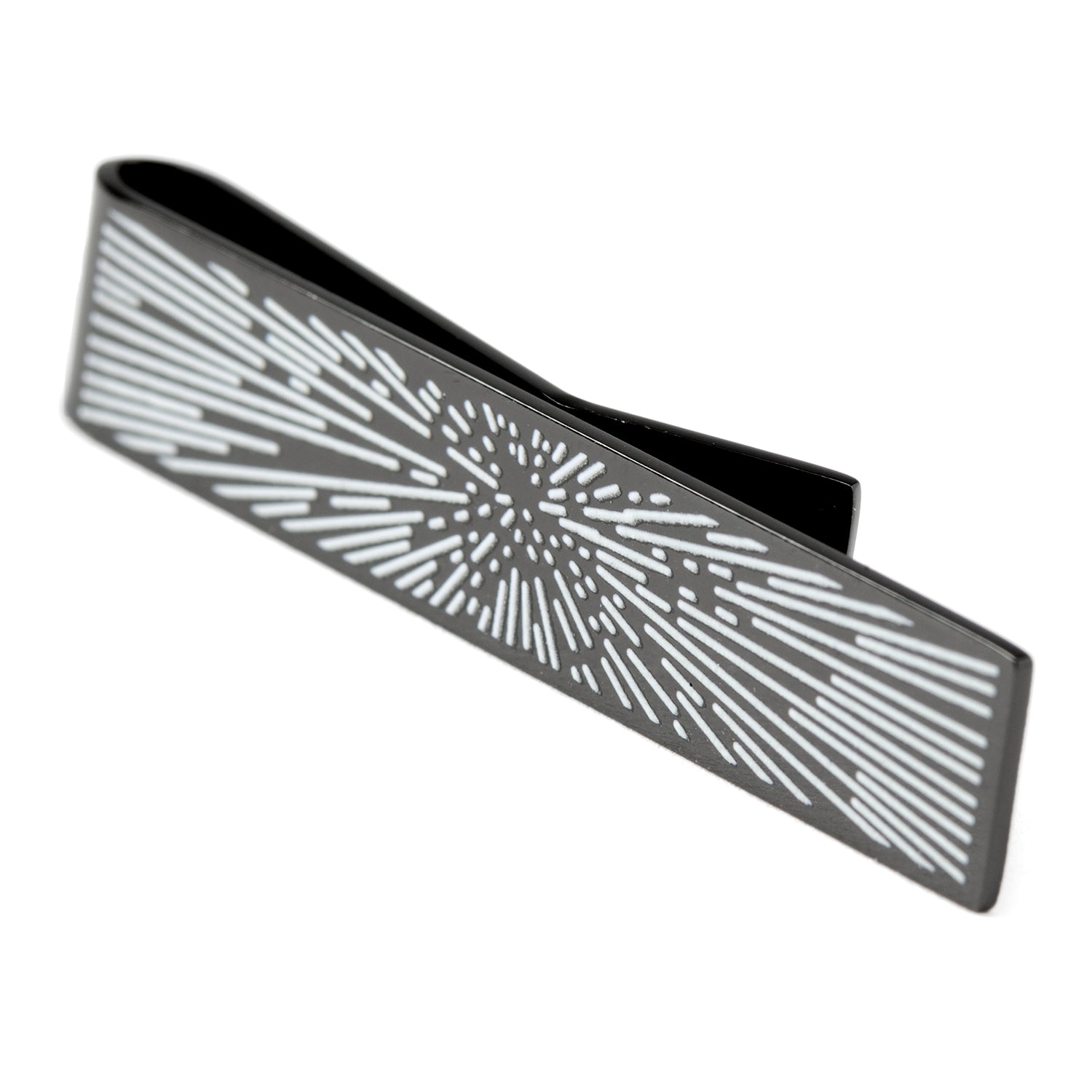 A black metal money clip with a silver geometric burst design, ideal for pairing with the Cufflinks.com Star Wars Hyperspace Glow-in-the-Dark Tie Bar.