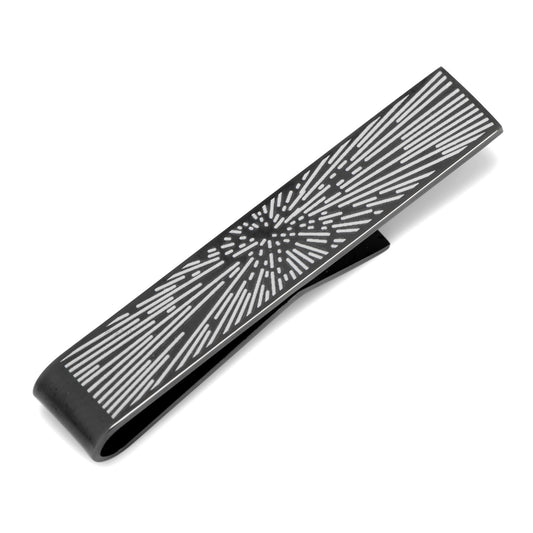 A black metal money clip with a silver geometric burst design, ideal for pairing with the Cufflinks.com Star Wars Hyperspace Glow-in-the-Dark Tie Bar.