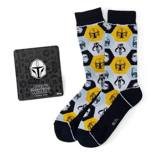 The Star Wars Mandalorian and Mythosaur Dress Socks and Lapel Pin Gift Set by Cufflinks.com includes Mandalorian-themed socks and a matching lapel pin—an ideal gift for any fan.