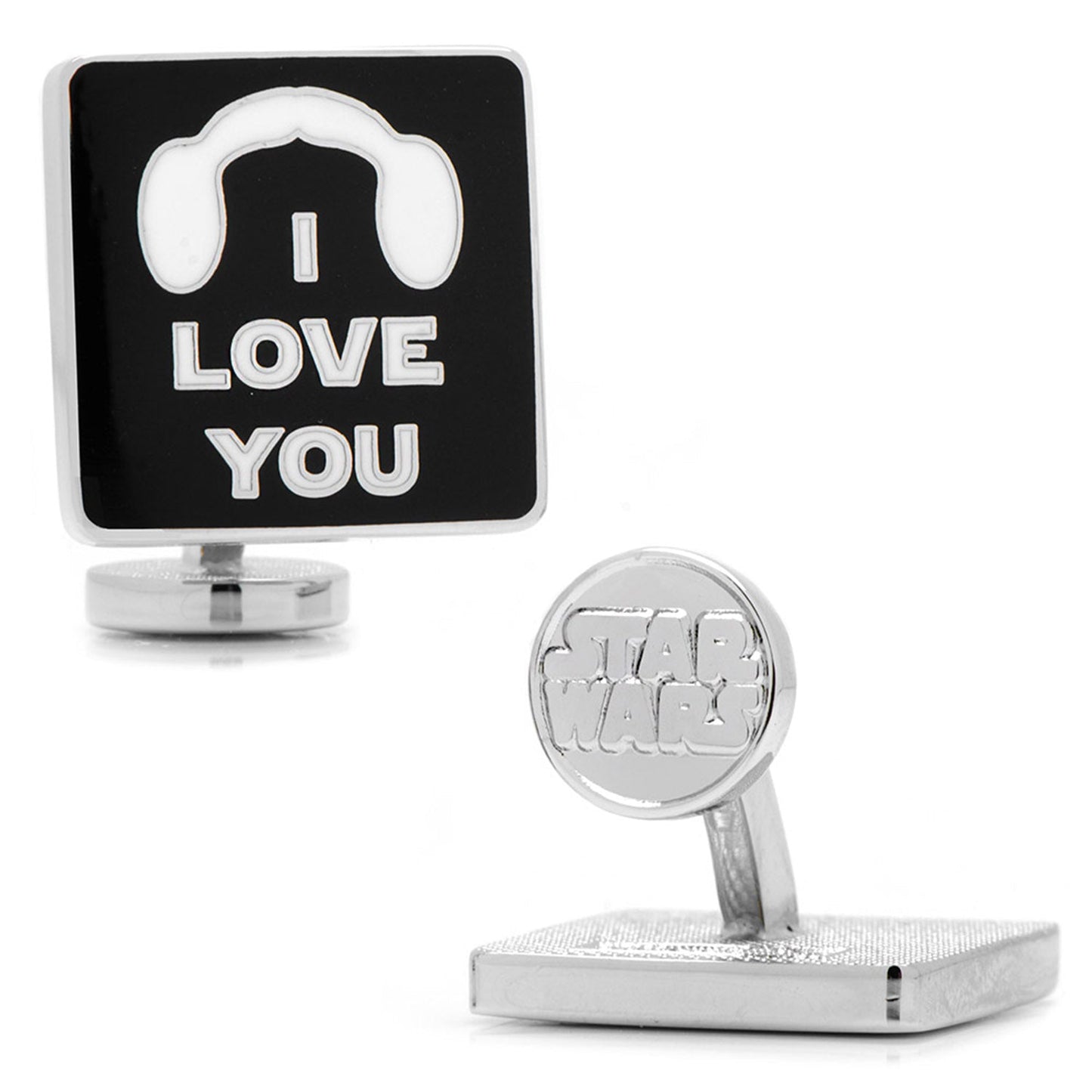 The Star Wars Princess Leia and Han Solo "I Love You / I Know" Icon Cufflinks by Cufflinks.com feature Leia's headset with “I LOVE YOU” on one cufflink and Han’s blaster with “I KNOW” on the other, both set on black backgrounds with silver outlines.