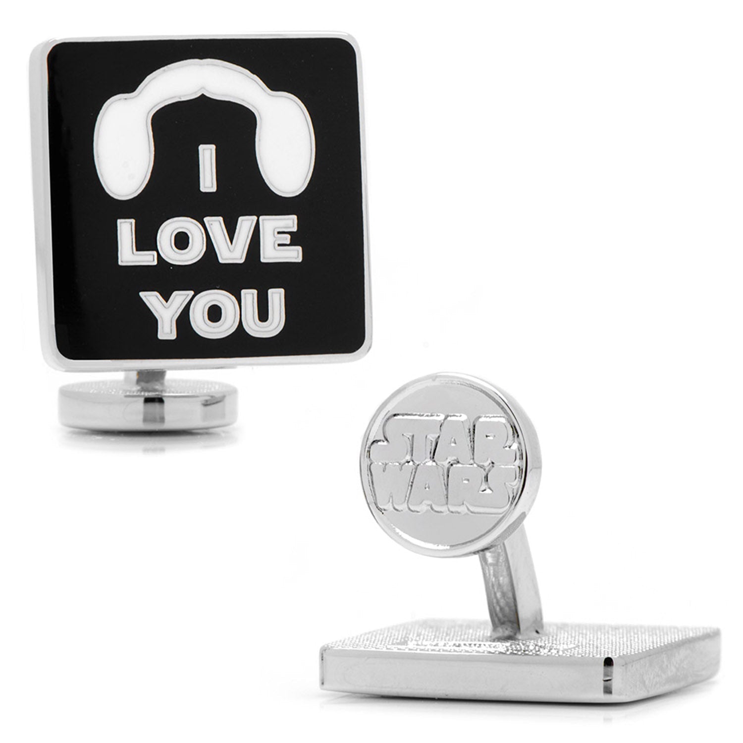 The Star Wars Princess Leia and Han Solo "I Love You / I Know" Icon Cufflinks by Cufflinks.com feature Leia's headset with “I LOVE YOU” on one cufflink and Han’s blaster with “I KNOW” on the other, both set on black backgrounds with silver outlines.