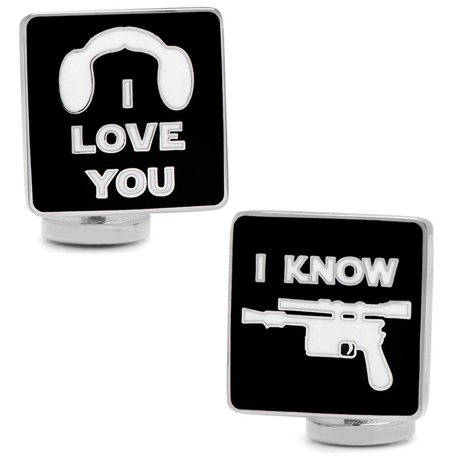 The Star Wars Princess Leia and Han Solo "I Love You / I Know" Icon Cufflinks by Cufflinks.com feature Leia's headset with “I LOVE YOU” on one cufflink and Han’s blaster with “I KNOW” on the other, both set on black backgrounds with silver outlines.