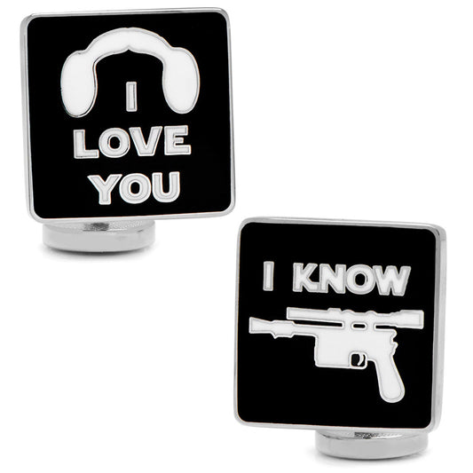The Star Wars Princess Leia and Han Solo "I Love You / I Know" Icon Cufflinks by Cufflinks.com feature Leia's headset with “I LOVE YOU” on one cufflink and Han’s blaster with “I KNOW” on the other, both set on black backgrounds with silver outlines.