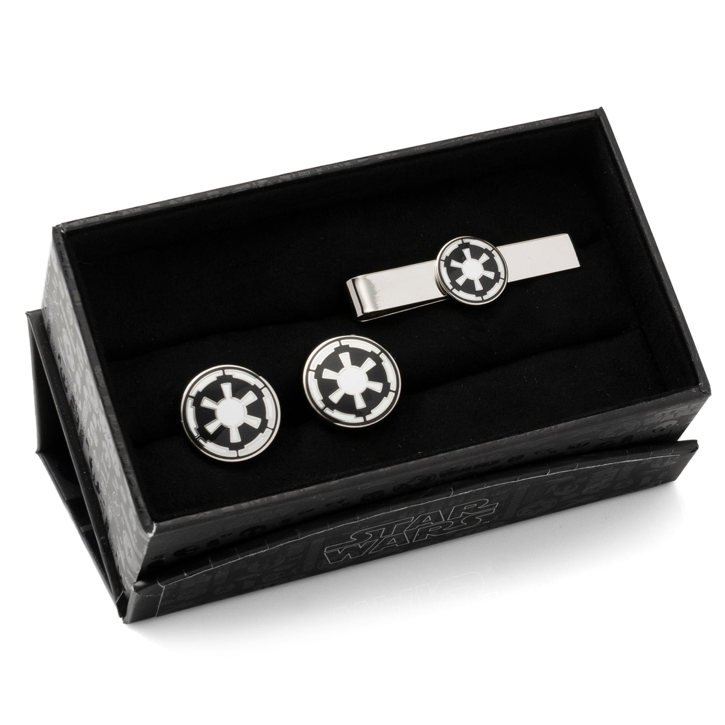 The Star Wars Imperial Crest Cufflinks and Tie Bar Gift Set by Cufflinks.com features a silver tie bar and matching cufflinks with a black and white geometric design—an ideal Lucasfilm-licensed Star Wars gift.