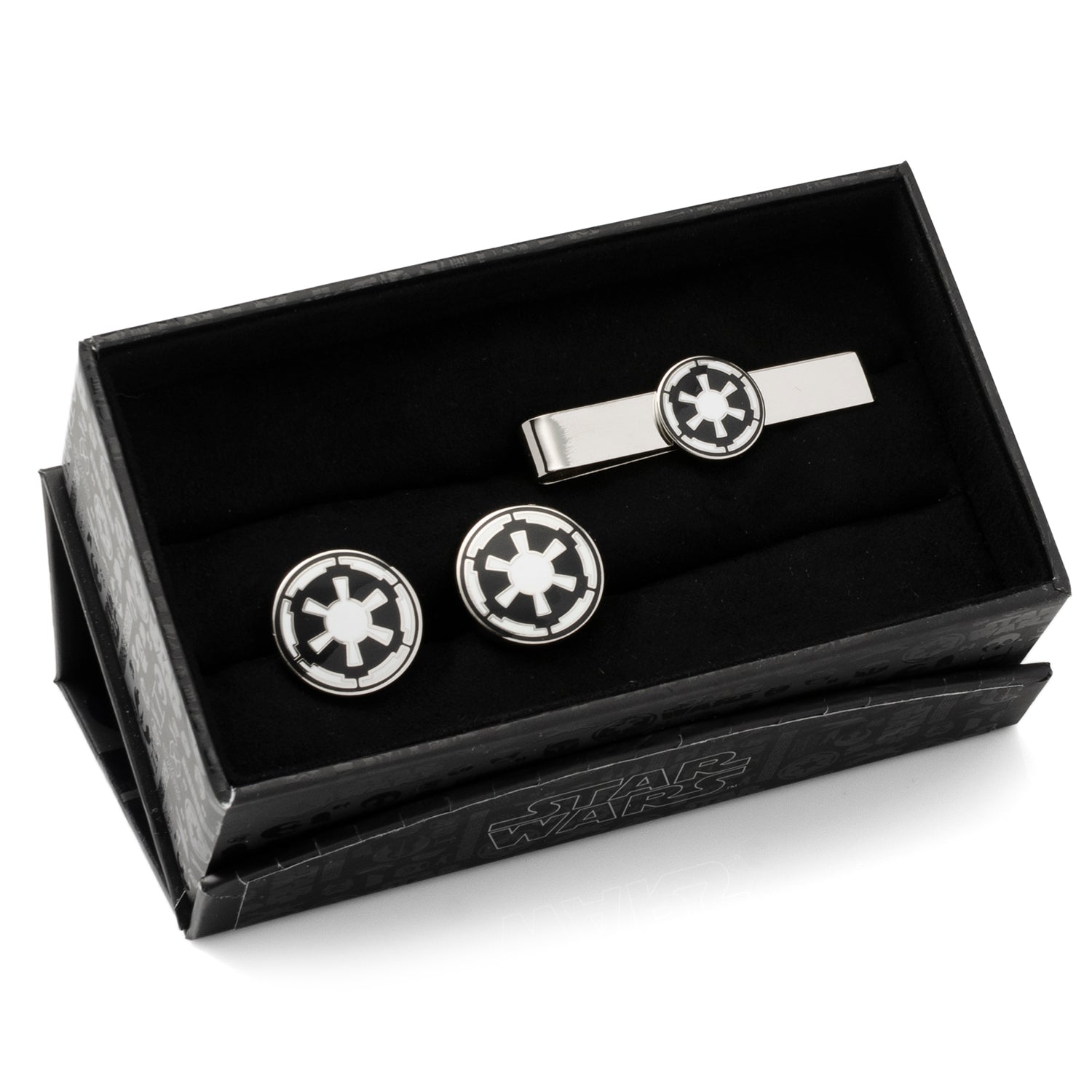 The Star Wars Imperial Crest Cufflinks and Tie Bar Gift Set by Cufflinks.com features a silver tie bar and matching cufflinks with a black and white geometric design—an ideal Lucasfilm-licensed Star Wars gift.