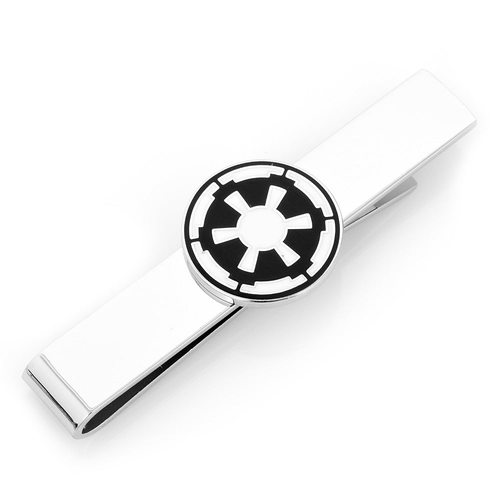 The Star Wars Imperial Crest Cufflinks and Tie Bar Gift Set by Cufflinks.com features a silver tie bar and matching cufflinks with a black and white geometric design—an ideal Lucasfilm-licensed Star Wars gift.
