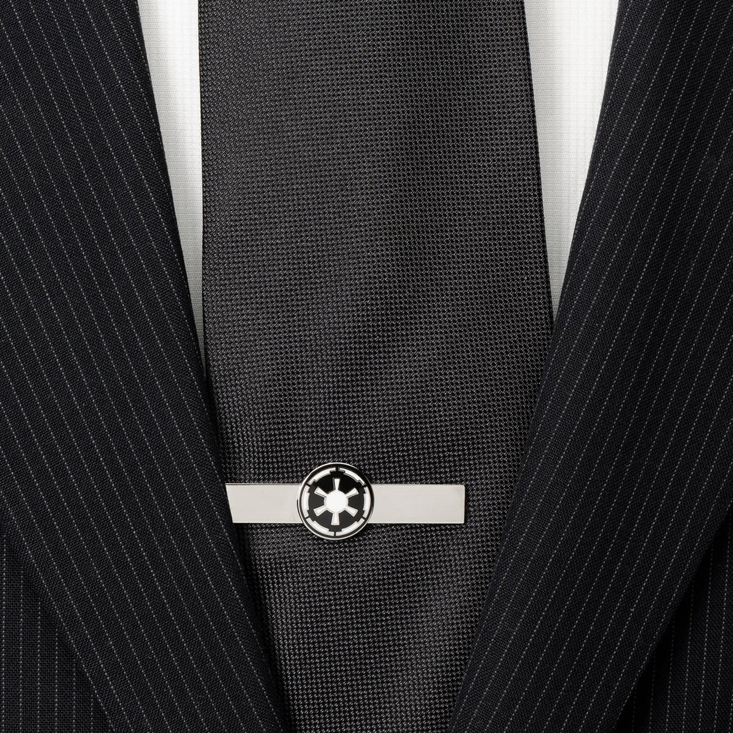 The Star Wars Imperial Crest Cufflinks and Tie Bar Gift Set by Cufflinks.com features a silver tie bar and matching cufflinks with a black and white geometric design—an ideal Lucasfilm-licensed Star Wars gift.