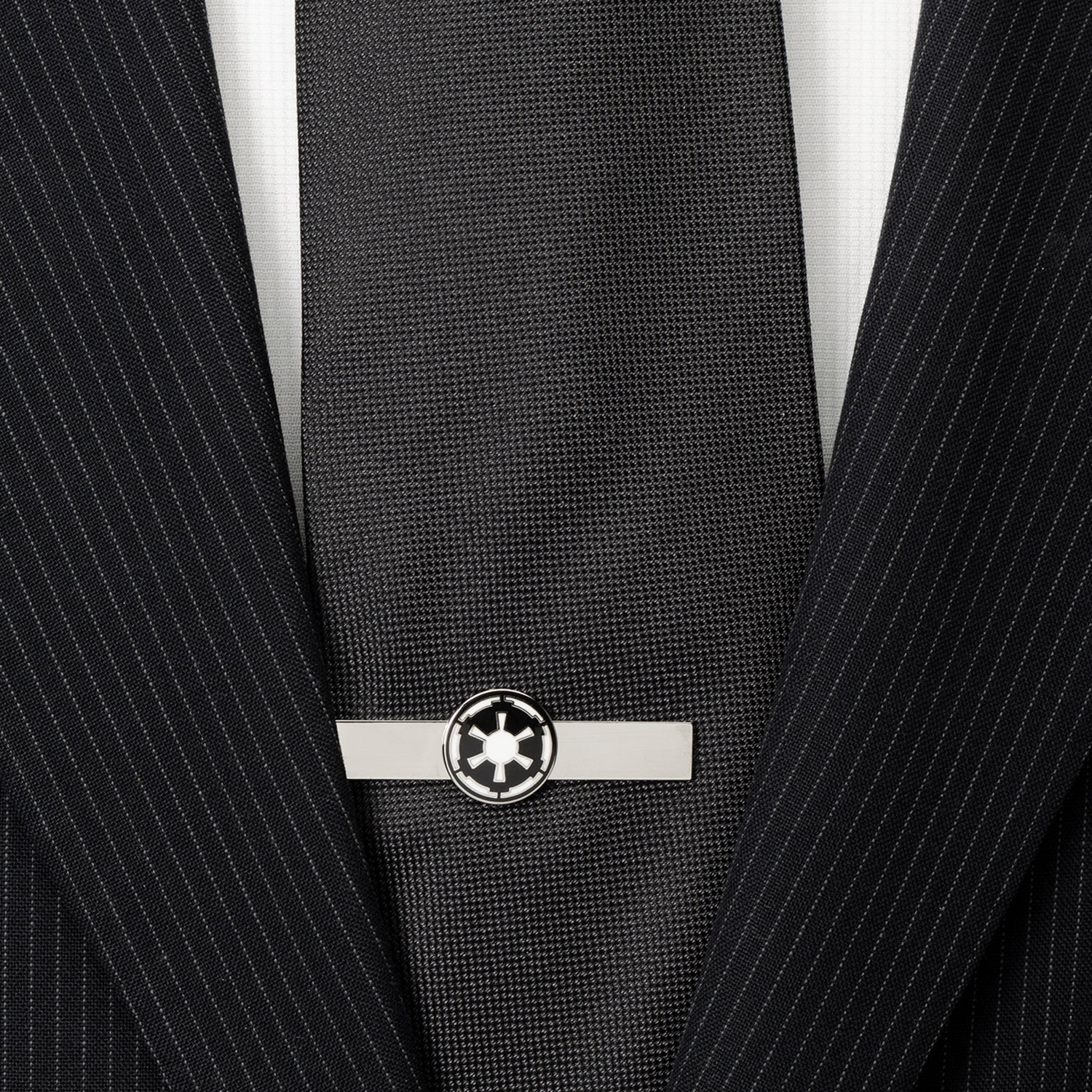 The Star Wars Imperial Crest Cufflinks and Tie Bar Gift Set by Cufflinks.com features a silver tie bar and matching cufflinks with a black and white geometric design—an ideal Lucasfilm-licensed Star Wars gift.