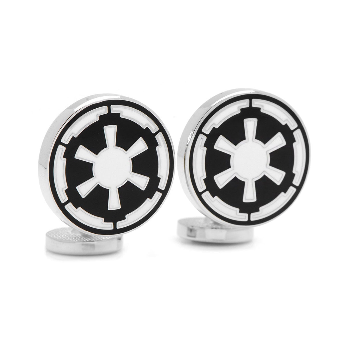 The Star Wars Imperial Crest Cufflinks and Tie Bar Gift Set by Cufflinks.com features a silver tie bar and matching cufflinks with a black and white geometric design—an ideal Lucasfilm-licensed Star Wars gift.