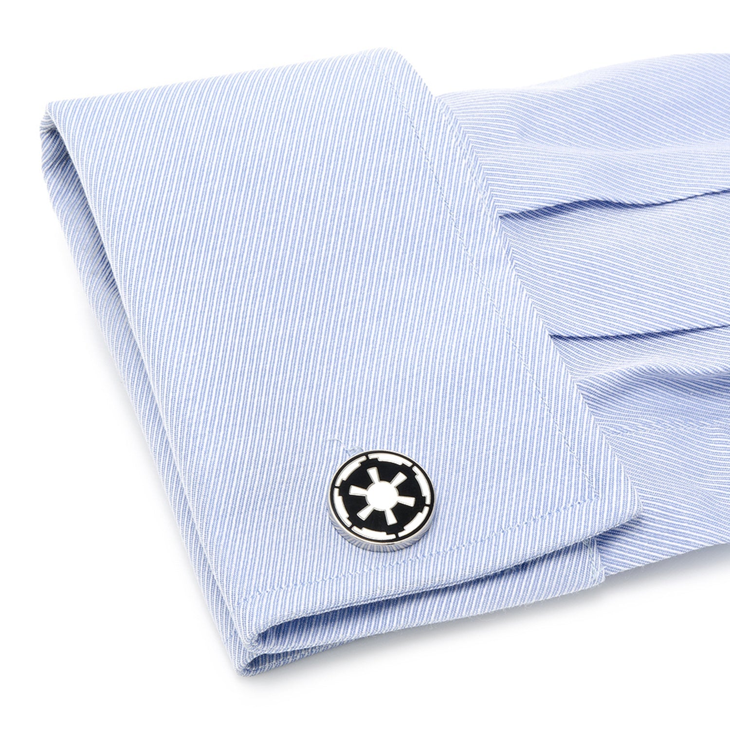 The Star Wars Imperial Crest Cufflinks and Tie Bar Gift Set by Cufflinks.com features a silver tie bar and matching cufflinks with a black and white geometric design—an ideal Lucasfilm-licensed Star Wars gift.