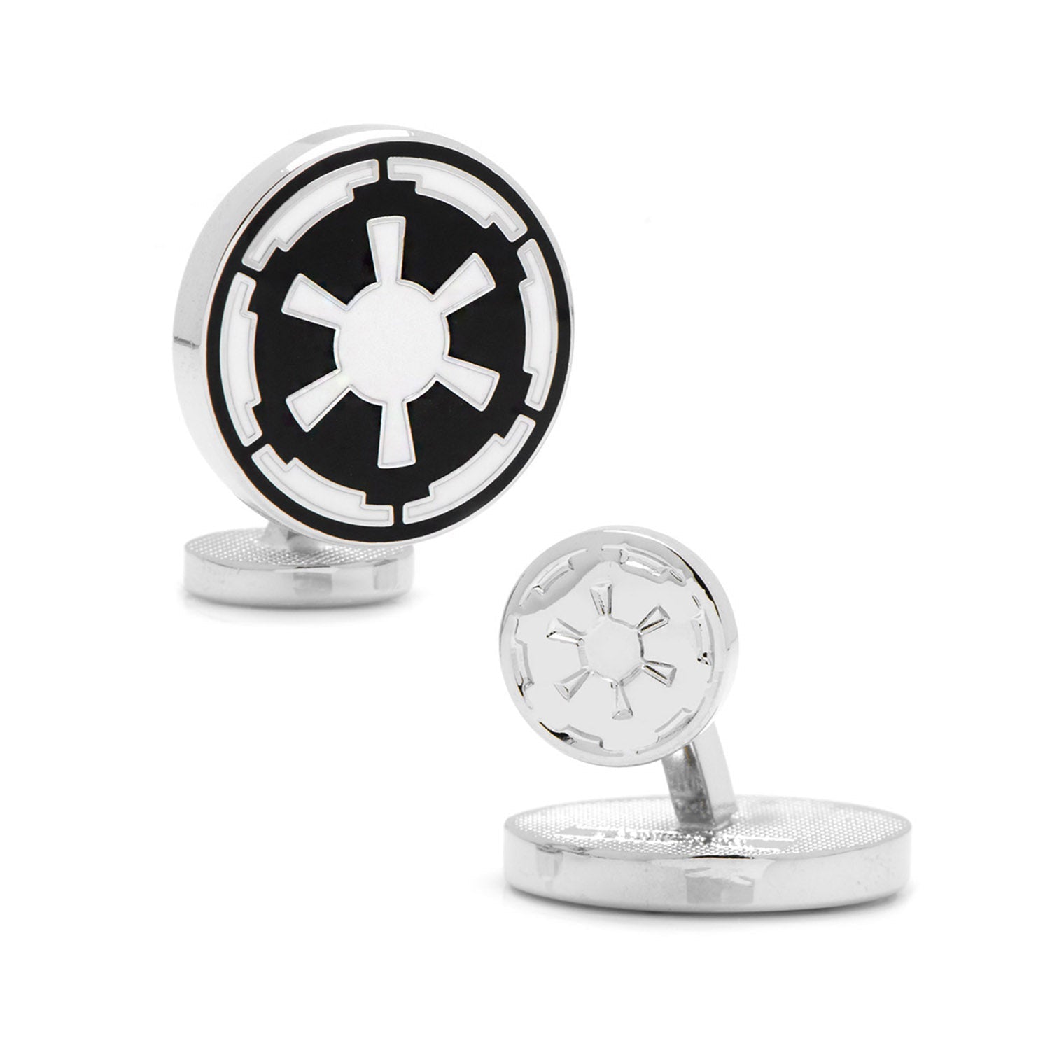 The Star Wars Imperial Crest Cufflinks and Tie Bar Gift Set by Cufflinks.com features a silver tie bar and matching cufflinks with a black and white geometric design—an ideal Lucasfilm-licensed Star Wars gift.