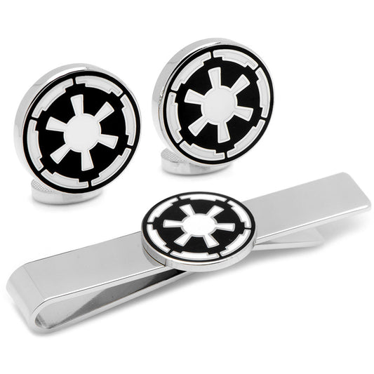 The Star Wars Imperial Crest Cufflinks and Tie Bar Gift Set by Cufflinks.com features a silver tie bar and matching cufflinks with a black and white geometric design—an ideal Lucasfilm-licensed Star Wars gift.