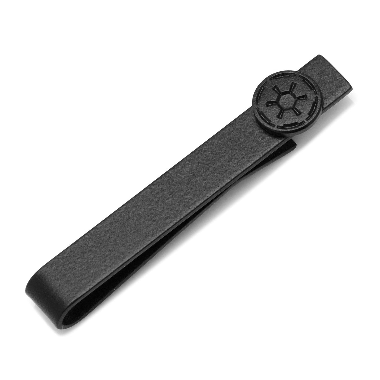 The Star Wars Imperial Crest Satin Black Tie Bar by Cufflinks.com features a black finish and embossed geometric emblem, inspired by the Imperial Symbol. Photographed on a white background.
