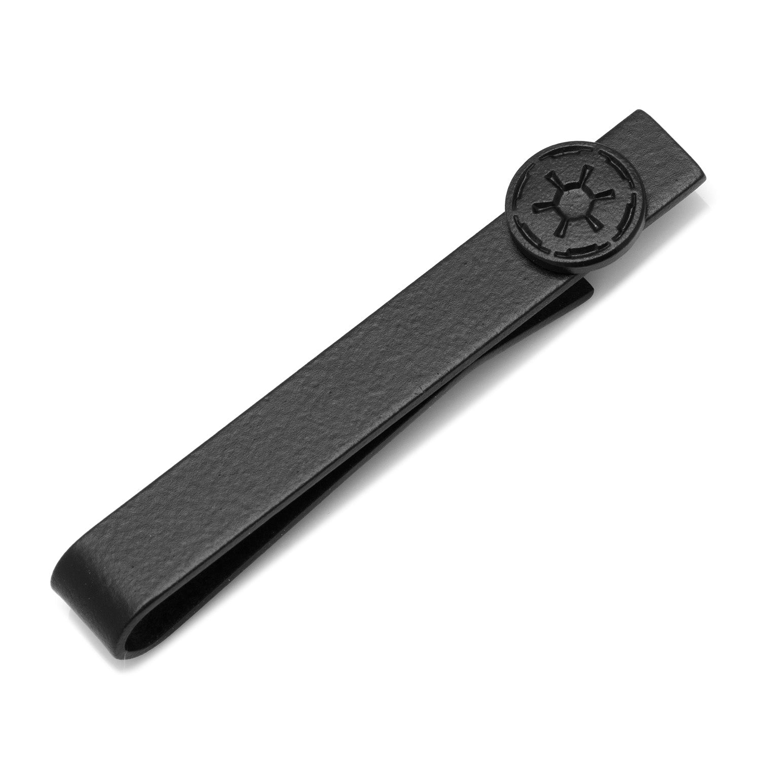 The Star Wars Imperial Crest Satin Black Tie Bar by Cufflinks.com features a black finish and embossed geometric emblem, inspired by the Imperial Symbol. Photographed on a white background.
