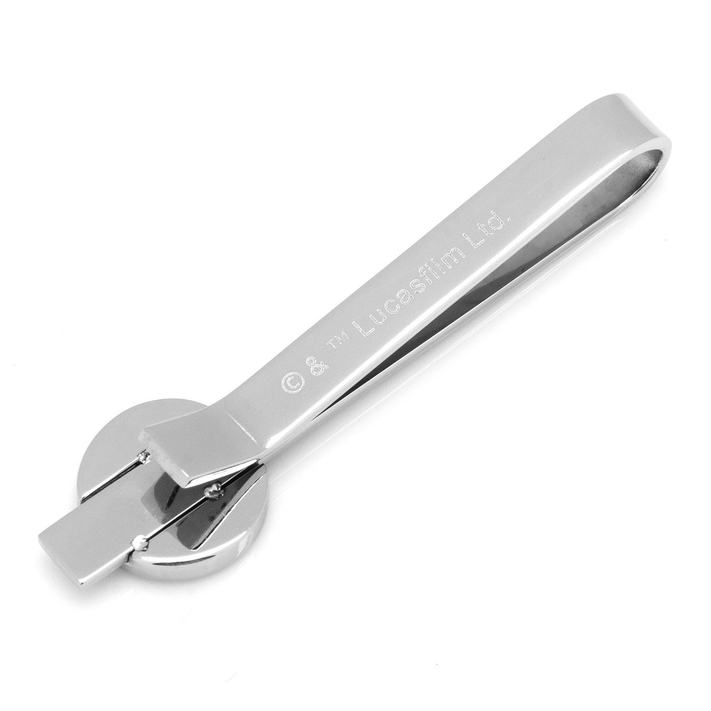 The Star Wars Imperial Crest Stainless Steel Tie Bar by Cufflinks.com features a silver-tone finish and an embossed geometric Imperial emblem, evoking classic Star Wars style against a sleek white background.