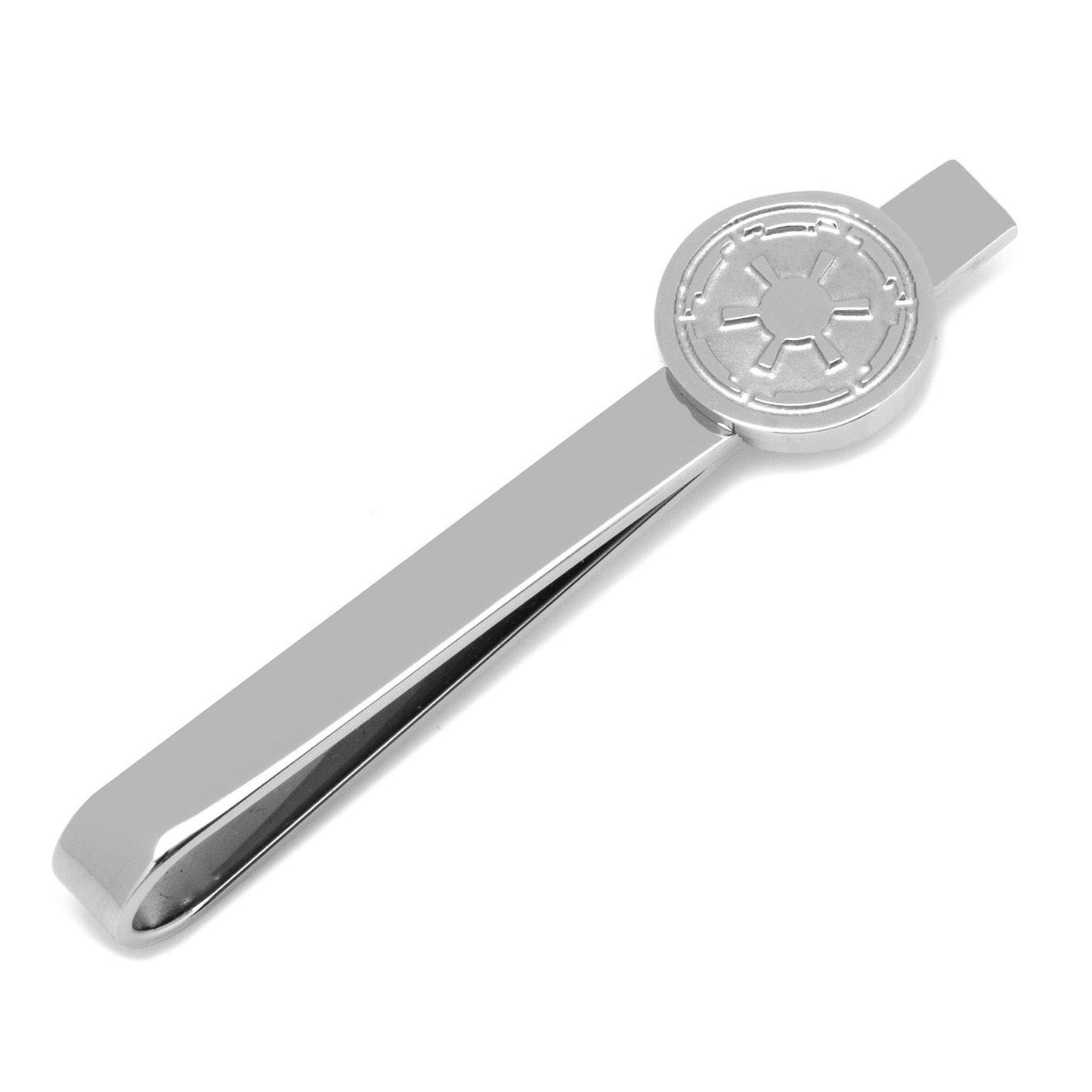 The Star Wars Imperial Crest Stainless Steel Tie Bar by Cufflinks.com features a silver-tone finish and an embossed geometric Imperial emblem, evoking classic Star Wars style against a sleek white background.