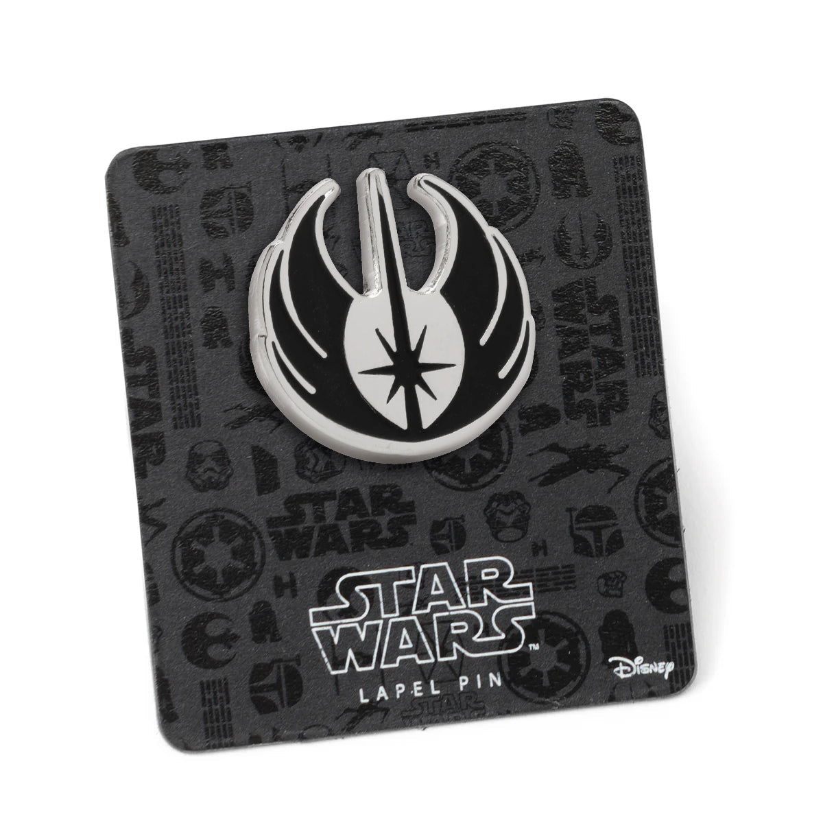 The Cufflinks.com Star Wars Jedi Crest Lapel Pin displays the black and white Jedi Order symbol on a metal finish, shown against a white background.