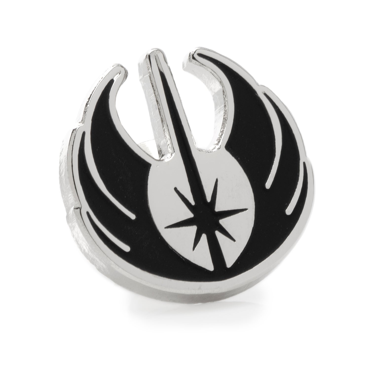The Cufflinks.com Star Wars Jedi Crest Lapel Pin displays the black and white Jedi Order symbol on a metal finish, shown against a white background.