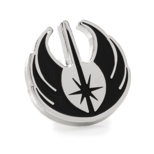 The Cufflinks.com Star Wars Jedi Crest Lapel Pin displays the black and white Jedi Order symbol on a metal finish, shown against a white background.