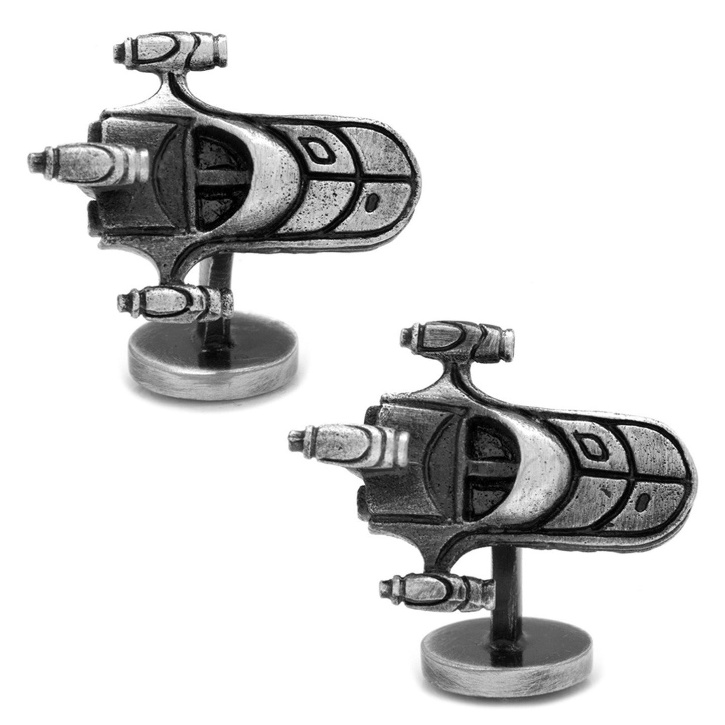 Two metallic, miniature Star Wars Luke Skywalker Landspeeder 3D Cufflinks by Cufflinks.com sit on round bases, both facing the same direction, set against a plain white background.