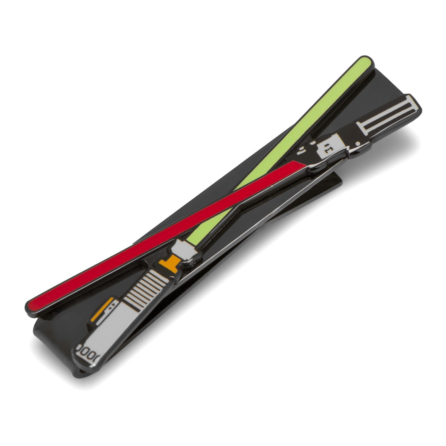 The Cufflinks.com Star Wars Darth Vader and Luke Skywalker LIGHTSABER Battle Tie Bar features crossed red and green lightsabers with black handles—a stylish accessory for any Star Wars fan.
