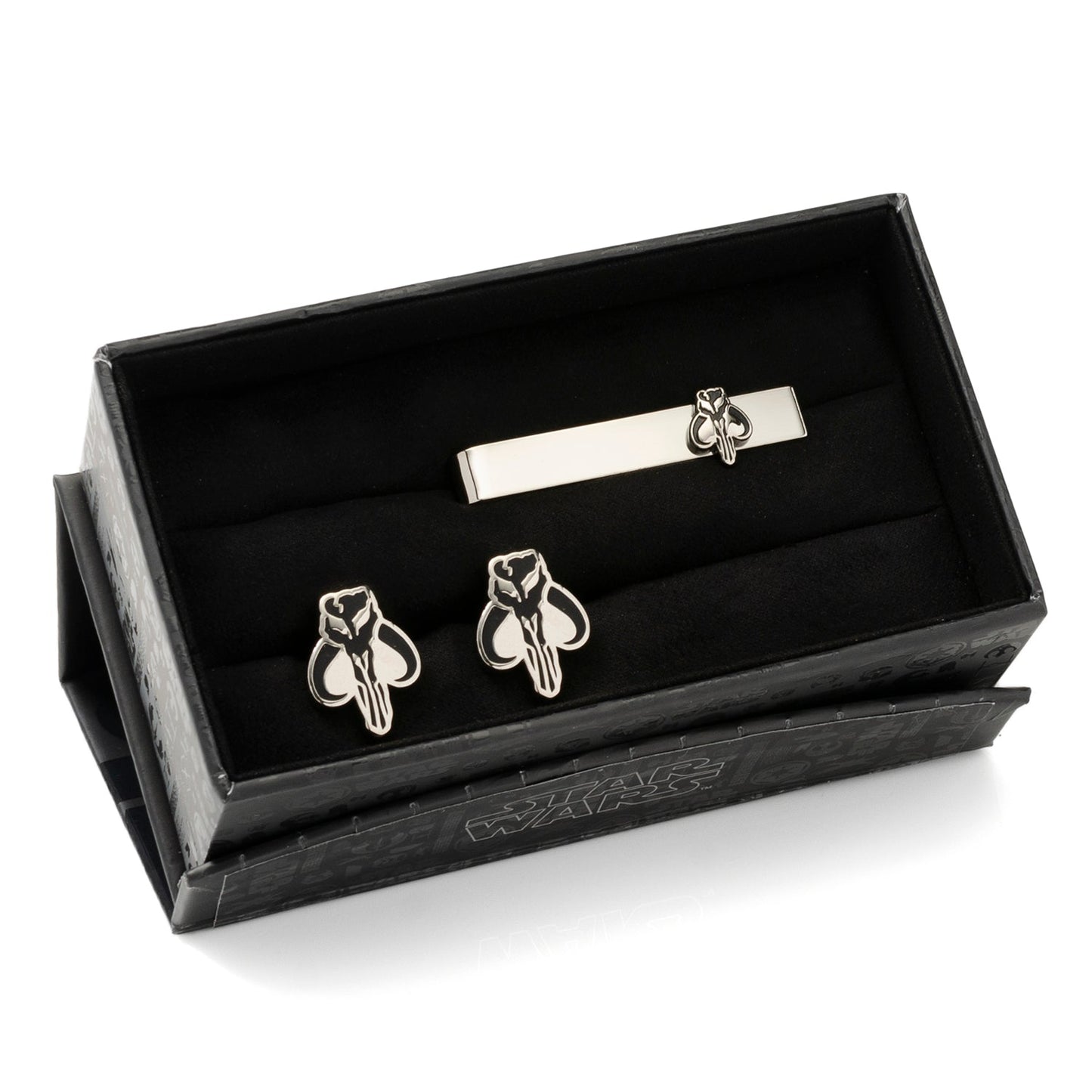 The Star Wars Mandalorian Mythosaur Cufflinks and Tie Bar Gift Set by Cufflinks.com, officially licensed by Lucasfilm, is shown on a white background.