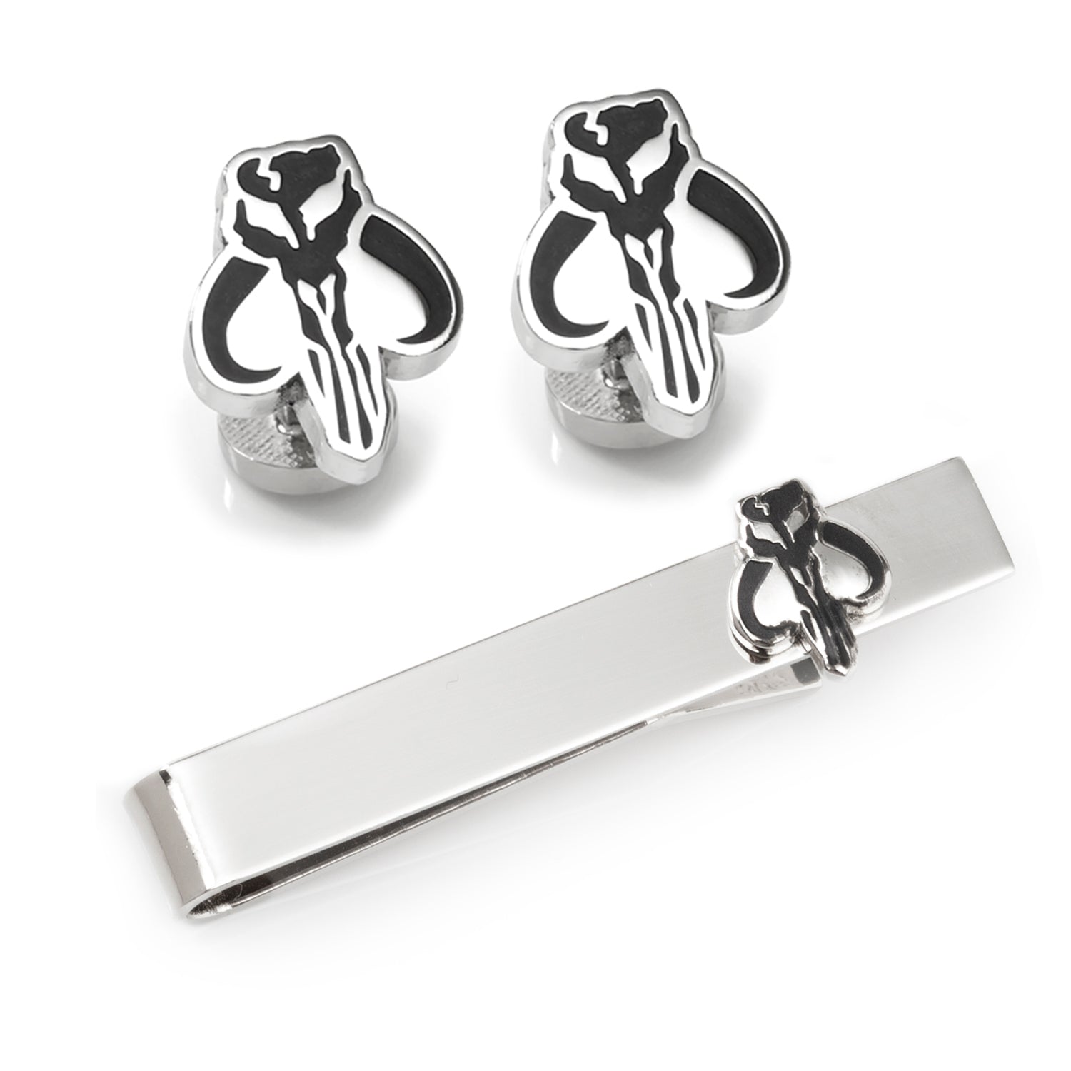 The Star Wars Mandalorian Mythosaur Cufflinks and Tie Bar Gift Set by Cufflinks.com, officially licensed by Lucasfilm, is shown on a white background.