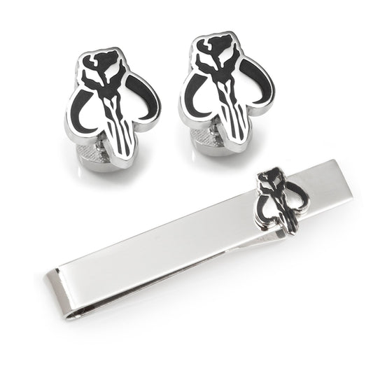 The Star Wars Mandalorian Mythosaur Cufflinks and Tie Bar Gift Set by Cufflinks.com, officially licensed by Lucasfilm, is shown on a white background.