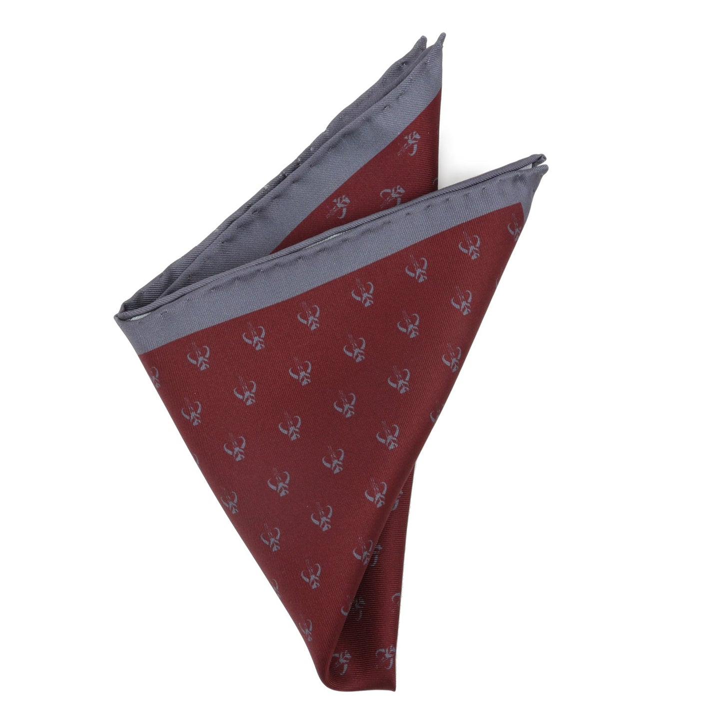 The Star Wars Mandalorian Red Silk Pocket Square by Cufflinks.com features a subtle repeating blue crab design and a solid blue border—an elegant accessory to add refined Star Wars style to your outfit.