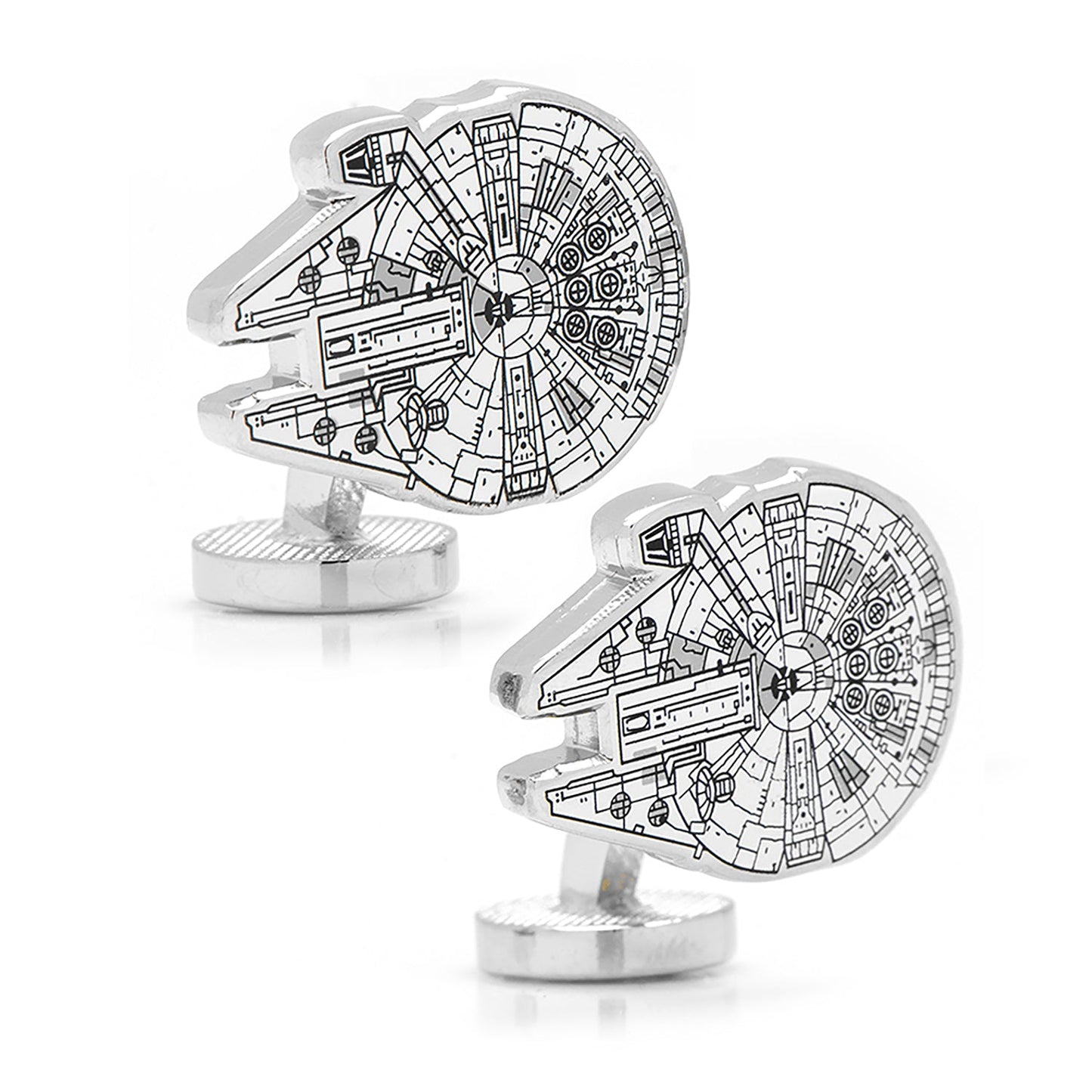 The Star Wars Millennium Falcon Cufflinks by Cufflinks.com feature one cufflink shaped like the detailed Millennium Falcon and the other displaying the Rebel Alliance symbol.