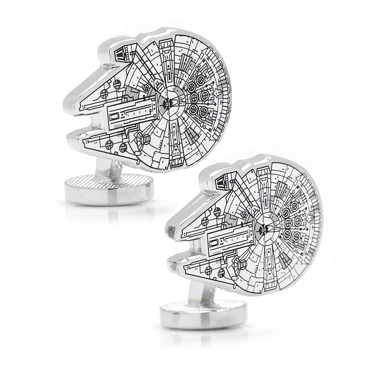 The Star Wars Millennium Falcon Cufflinks by Cufflinks.com feature one cufflink shaped like the detailed Millennium Falcon and the other displaying the Rebel Alliance symbol.