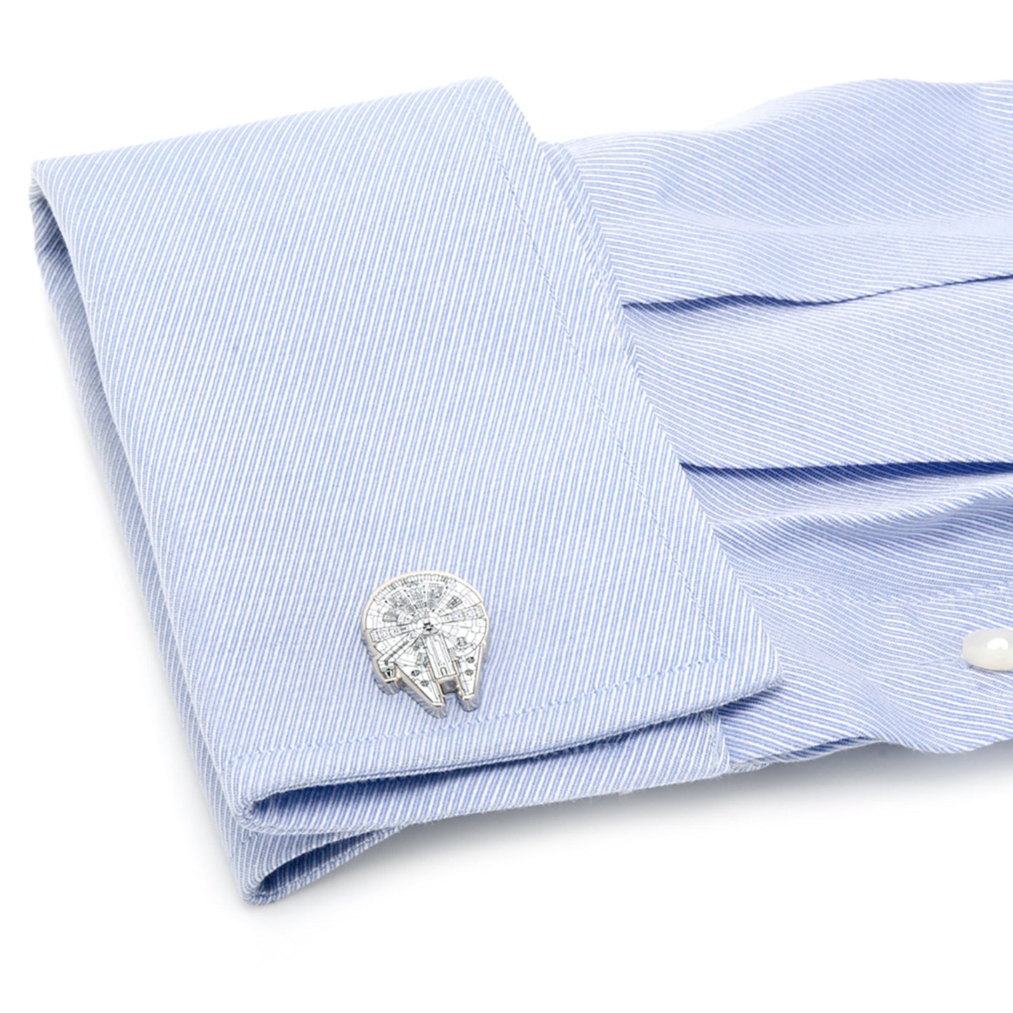 The Star Wars Millennium Falcon Cufflinks by Cufflinks.com feature one cufflink shaped like the detailed Millennium Falcon and the other displaying the Rebel Alliance symbol.