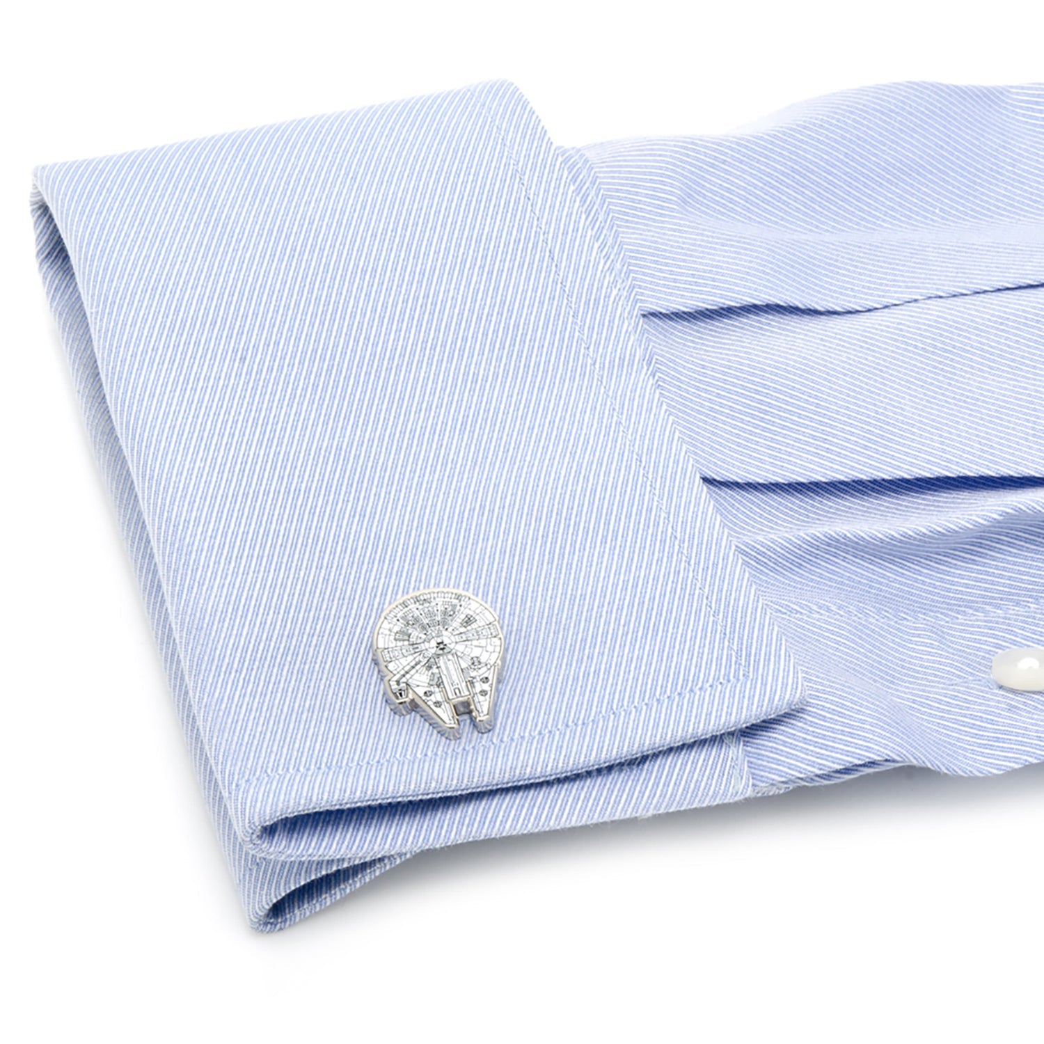 The Star Wars Millennium Falcon Cufflinks by Cufflinks.com feature one cufflink shaped like the detailed Millennium Falcon and the other displaying the Rebel Alliance symbol.