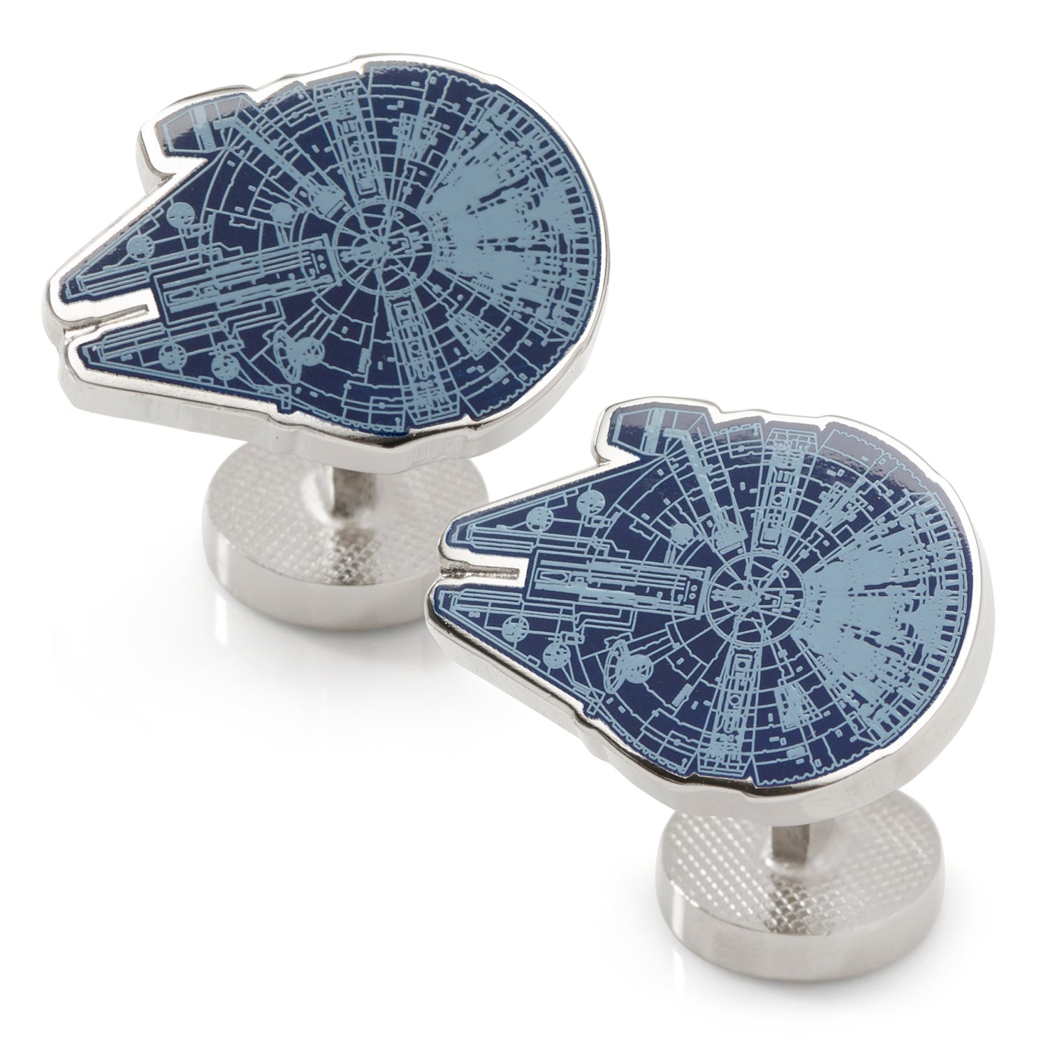 Star Wars Millennium Falcon Blueprint Cufflinks by Cufflinks.com: one shows a blue Millennium Falcon blueprint, the other a raised Star Wars logo on a silver background.