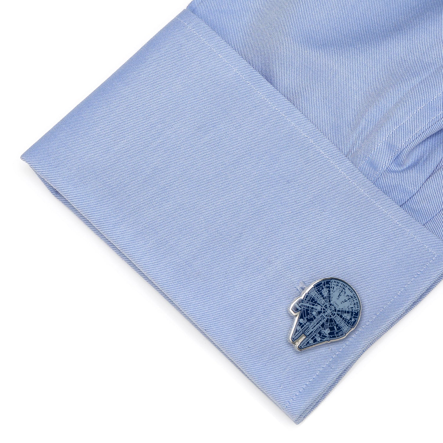 Star Wars Millennium Falcon Blueprint Cufflinks by Cufflinks.com: one shows a blue Millennium Falcon blueprint, the other a raised Star Wars logo on a silver background.