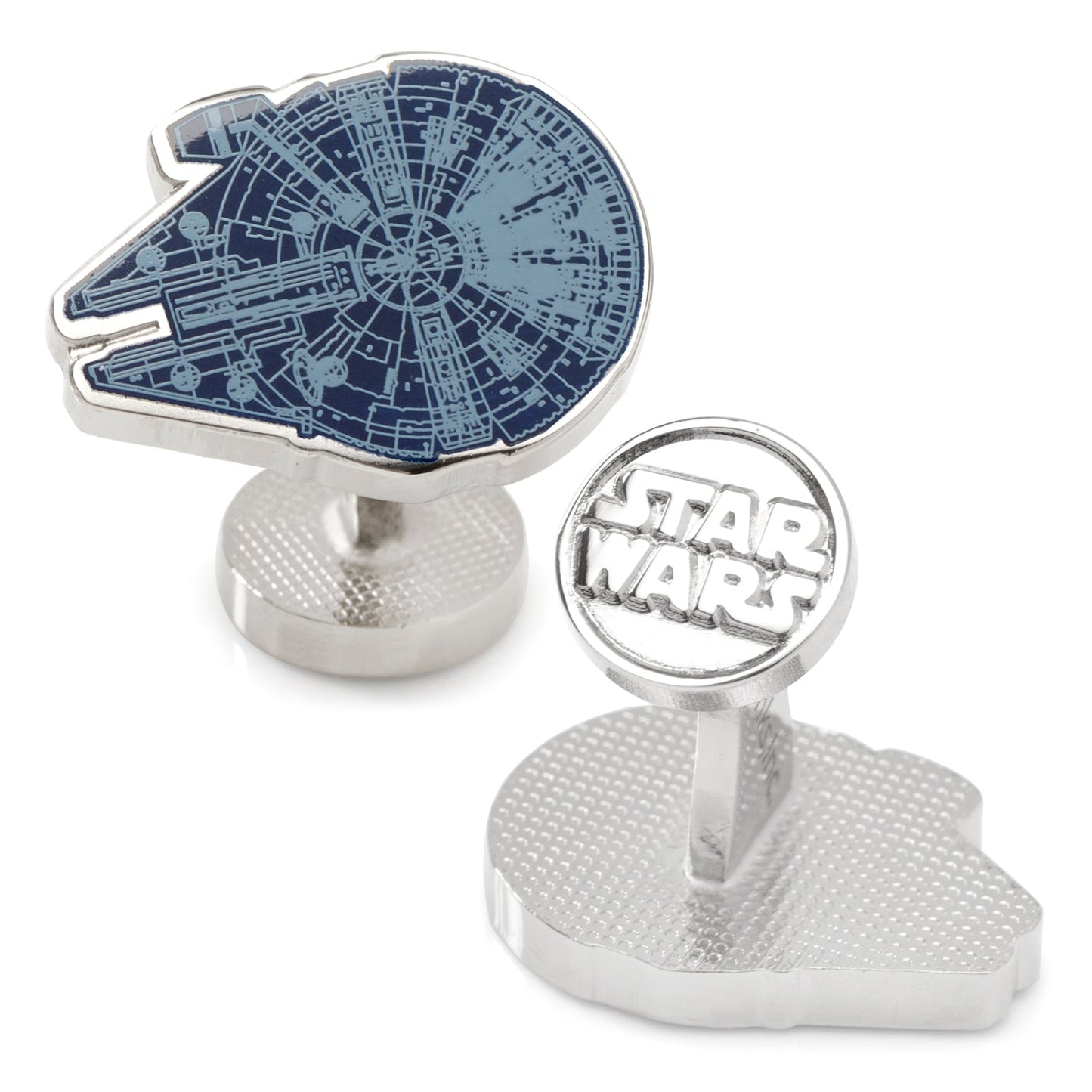 Star Wars Millennium Falcon Blueprint Cufflinks by Cufflinks.com: one shows a blue Millennium Falcon blueprint, the other a raised Star Wars logo on a silver background.