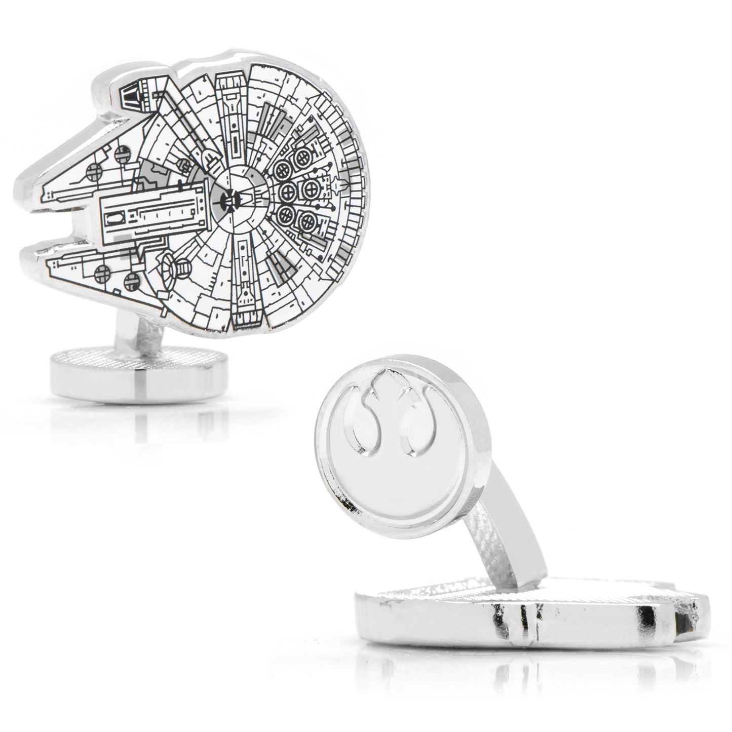 The Star Wars Millennium Falcon Cufflinks by Cufflinks.com feature one cufflink shaped like the detailed Millennium Falcon and the other displaying the Rebel Alliance symbol.