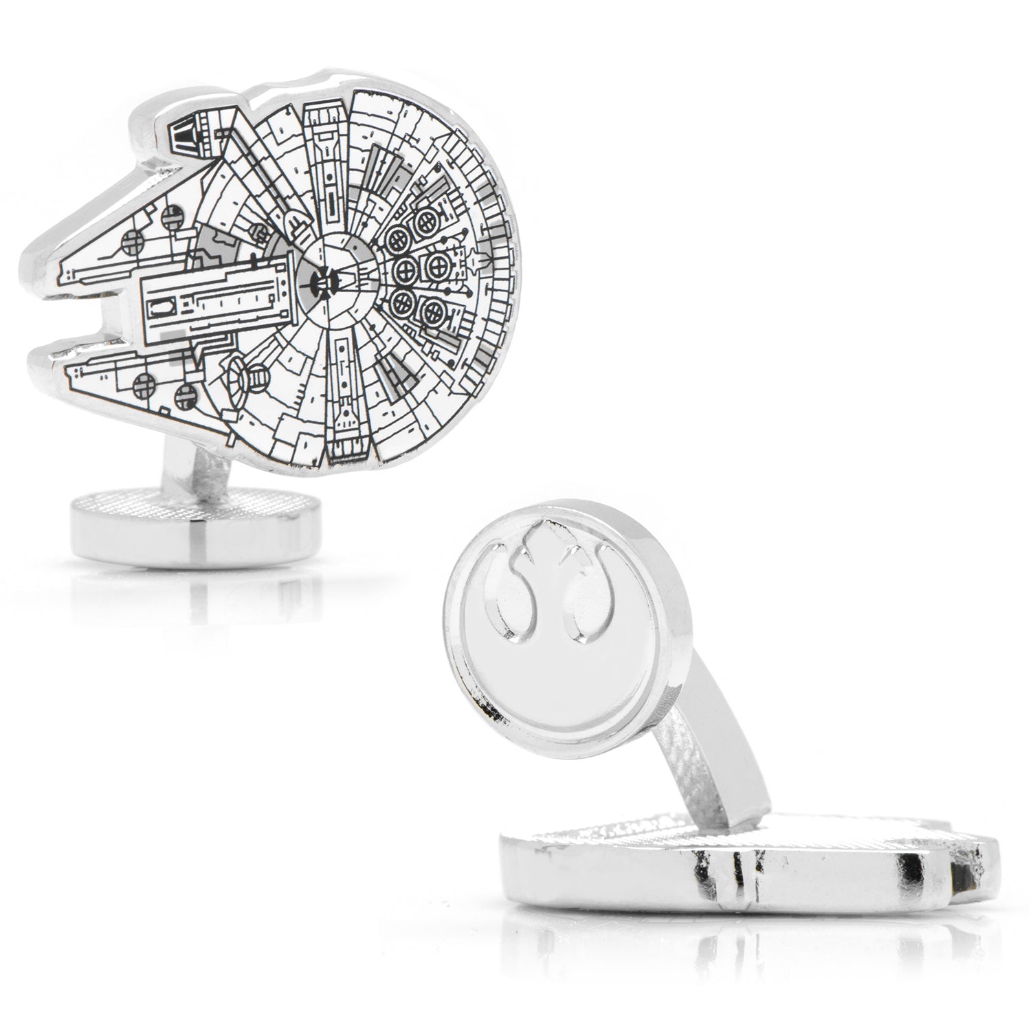 The Star Wars Millennium Falcon Cufflinks by Cufflinks.com feature one cufflink shaped like the detailed Millennium Falcon and the other displaying the Rebel Alliance symbol.