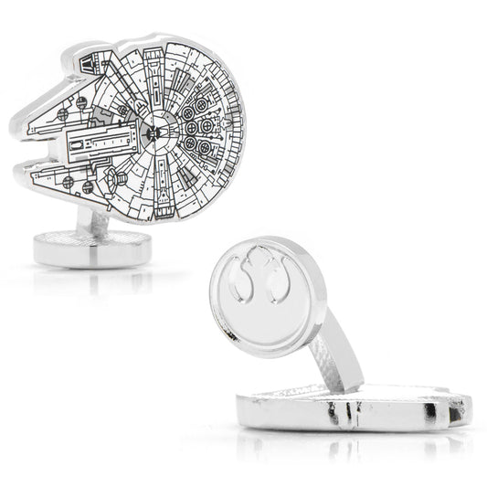 The Star Wars Millennium Falcon Cufflinks by Cufflinks.com feature one cufflink shaped like the detailed Millennium Falcon and the other displaying the Rebel Alliance symbol.
