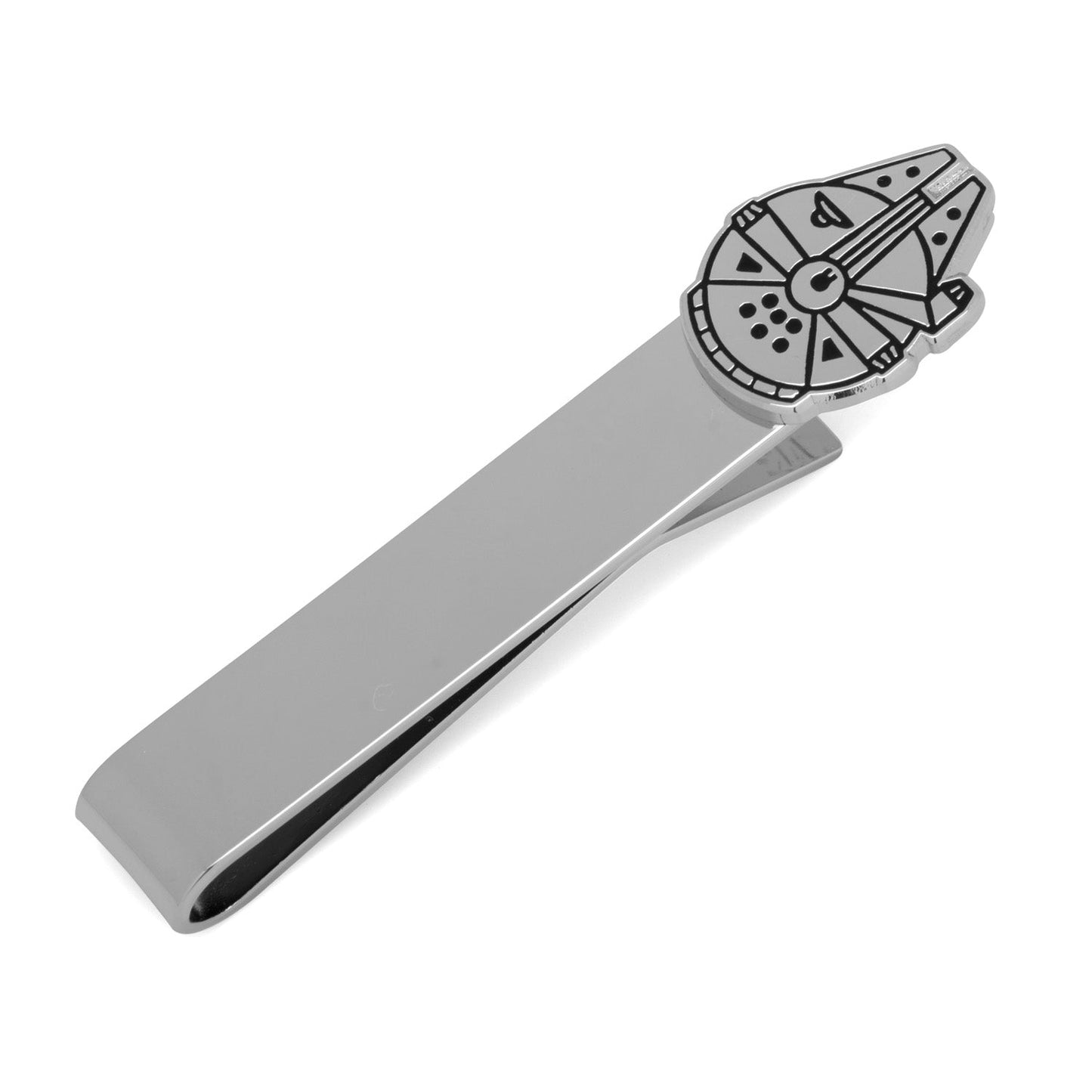 The Star Wars Millennium Falcon Tie Bar by Cufflinks.com features an engraved Millennium Falcon design on a sleek silver accessory.