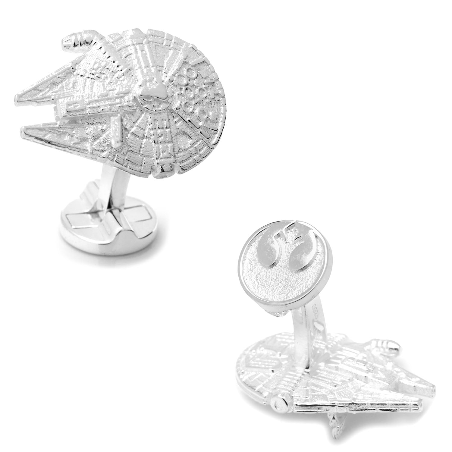 Show off your fandom with Cufflinks.com’s Star Wars Millennium Falcon Sterling Silver 3D Cufflinks, expertly crafted for collectors and fans of the iconic ship.