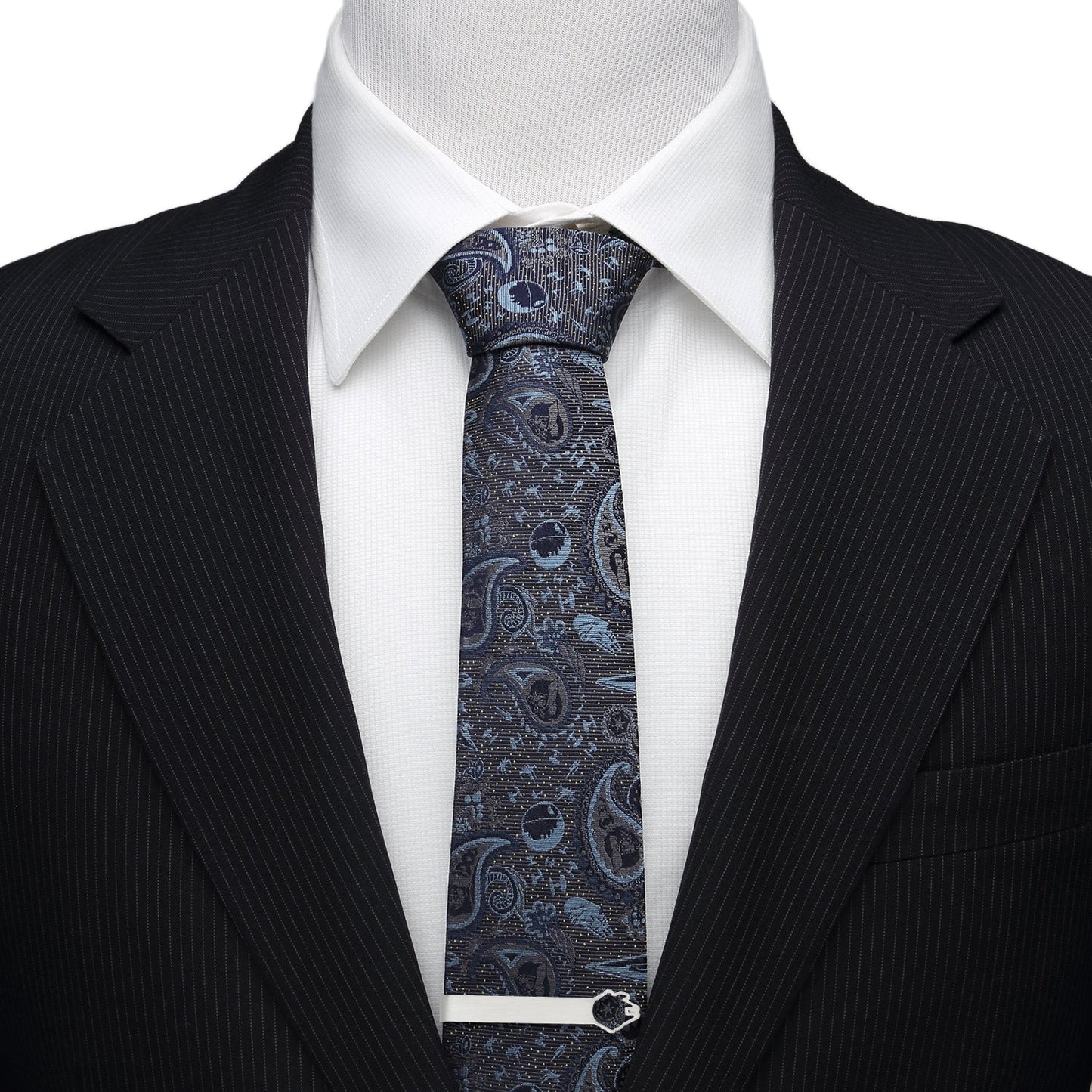 The Star Wars Millennium Falcon Cutout Tie Bar by Cufflinks.com features a unique cutout design at one end, inspired by iconic Star Wars accessories, shown on a white background.