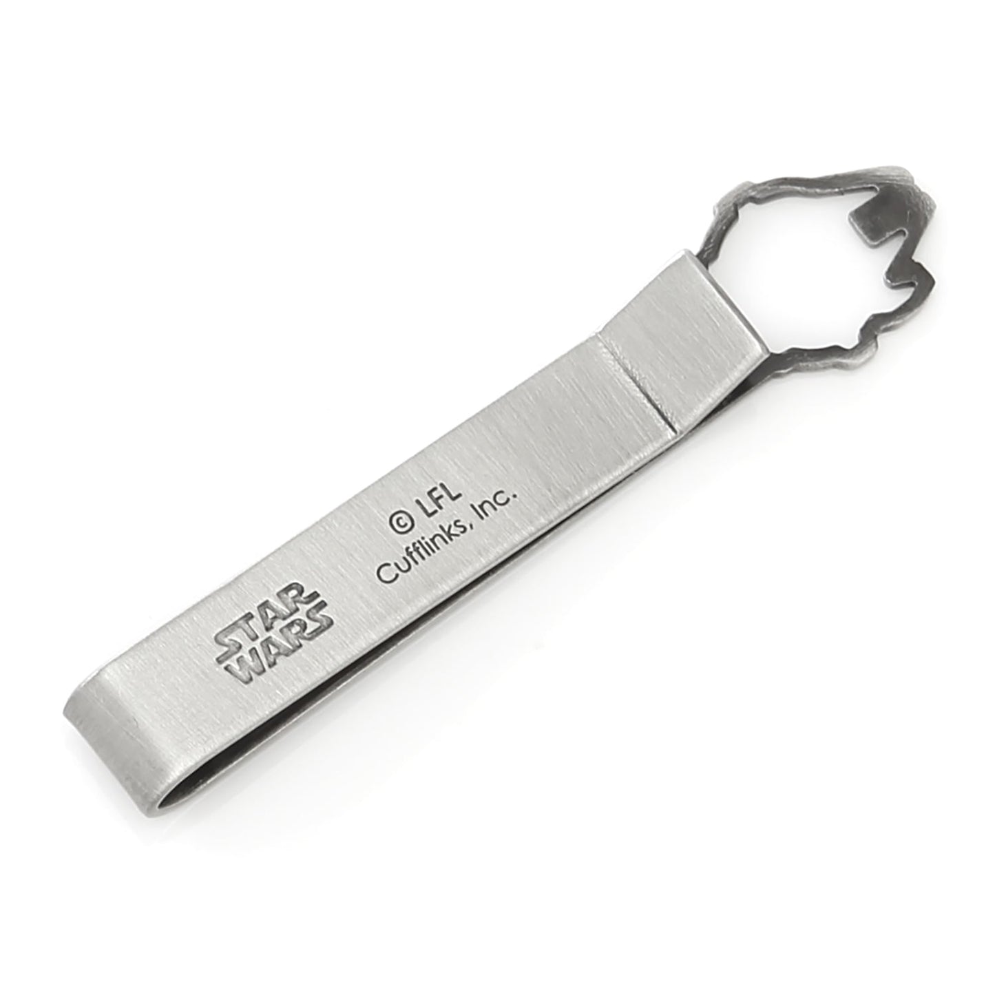 The Star Wars Millennium Falcon Cutout Tie Bar by Cufflinks.com features a unique cutout design at one end, inspired by iconic Star Wars accessories, shown on a white background.